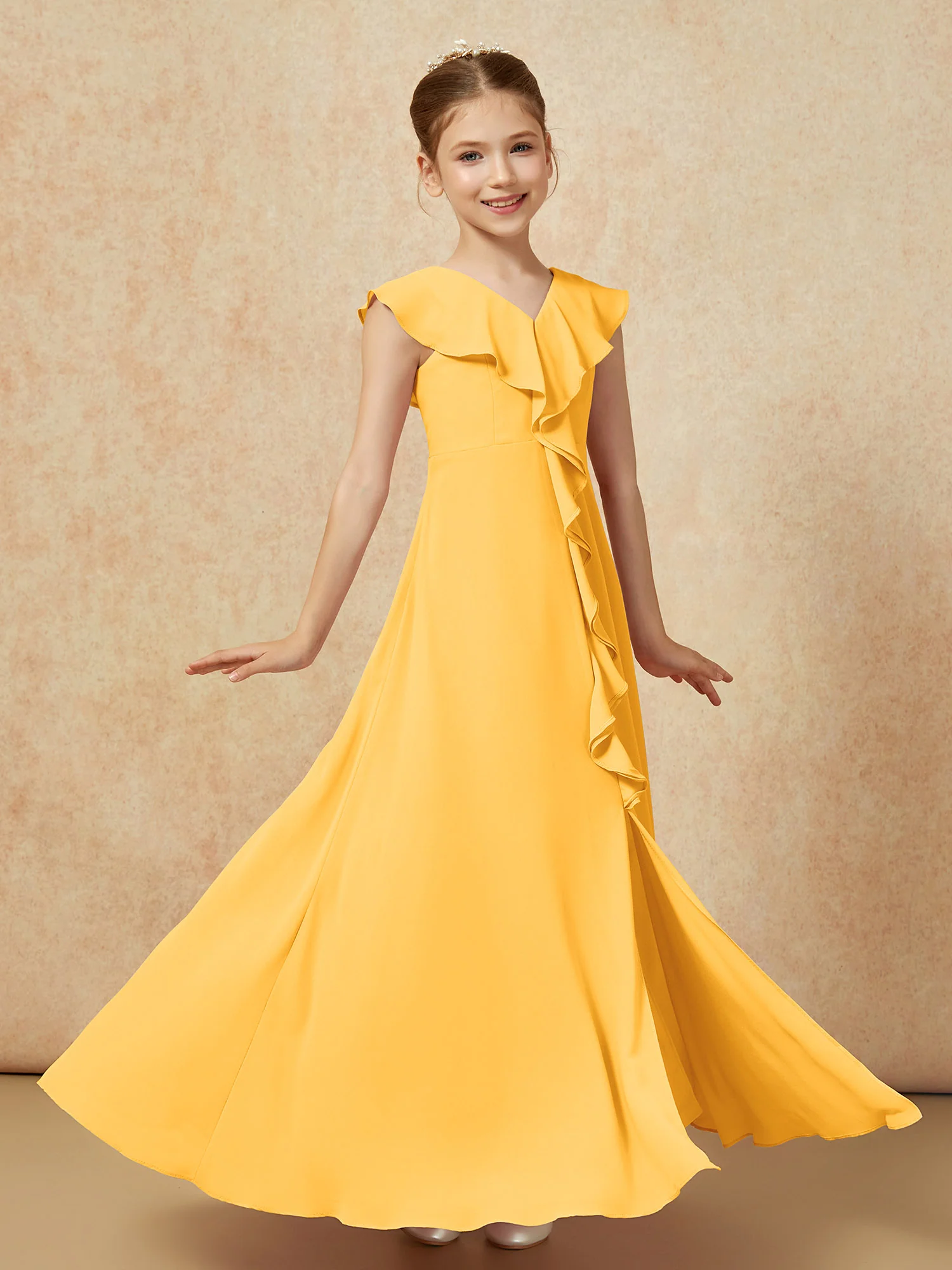 V-neck Ruffle Chiffon Junior Bridesmaid Dresses With Slit Tangerine - Image 3