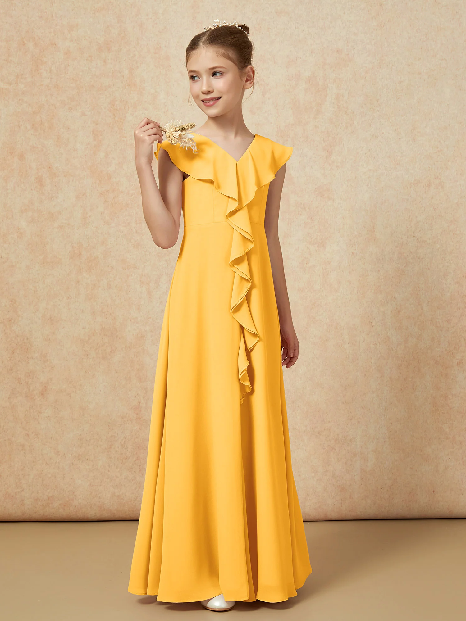V-neck Ruffle Chiffon Junior Bridesmaid Dresses With Slit Tangerine - Image 4