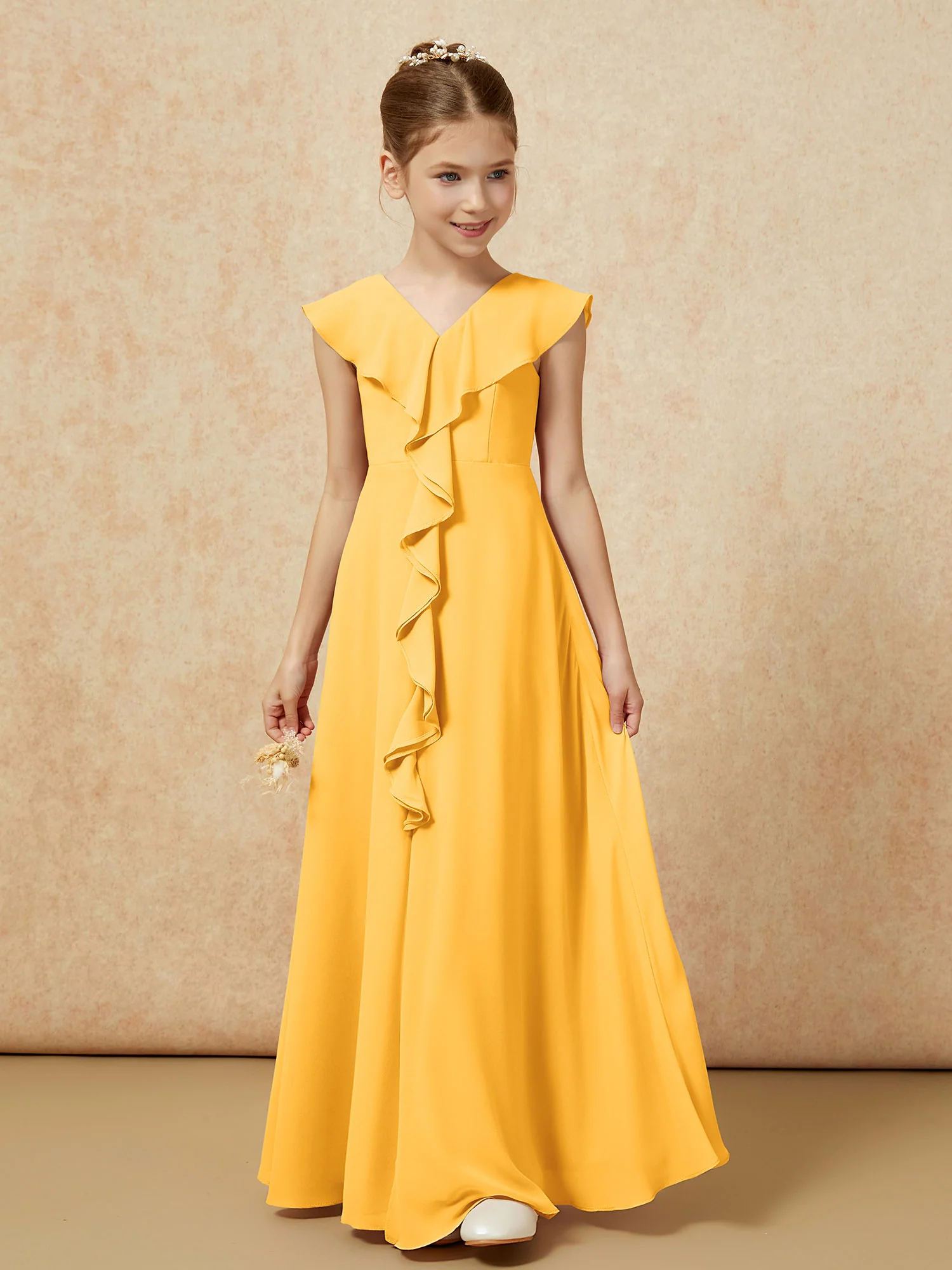 V-neck Ruffle Chiffon Junior Bridesmaid Dresses With Slit Tangerine - Image 5