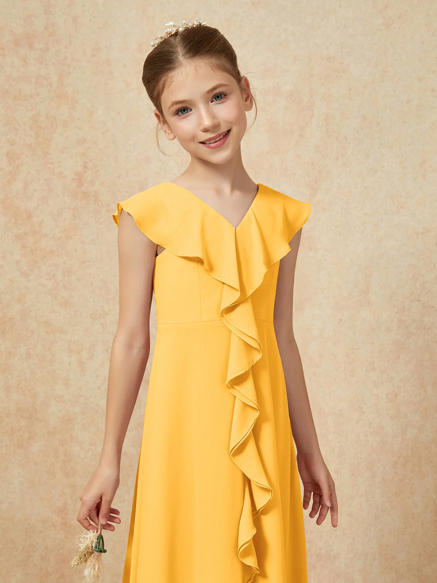 V-neck Ruffle Chiffon Junior Bridesmaid Dresses With Slit Tangerine - Image 6