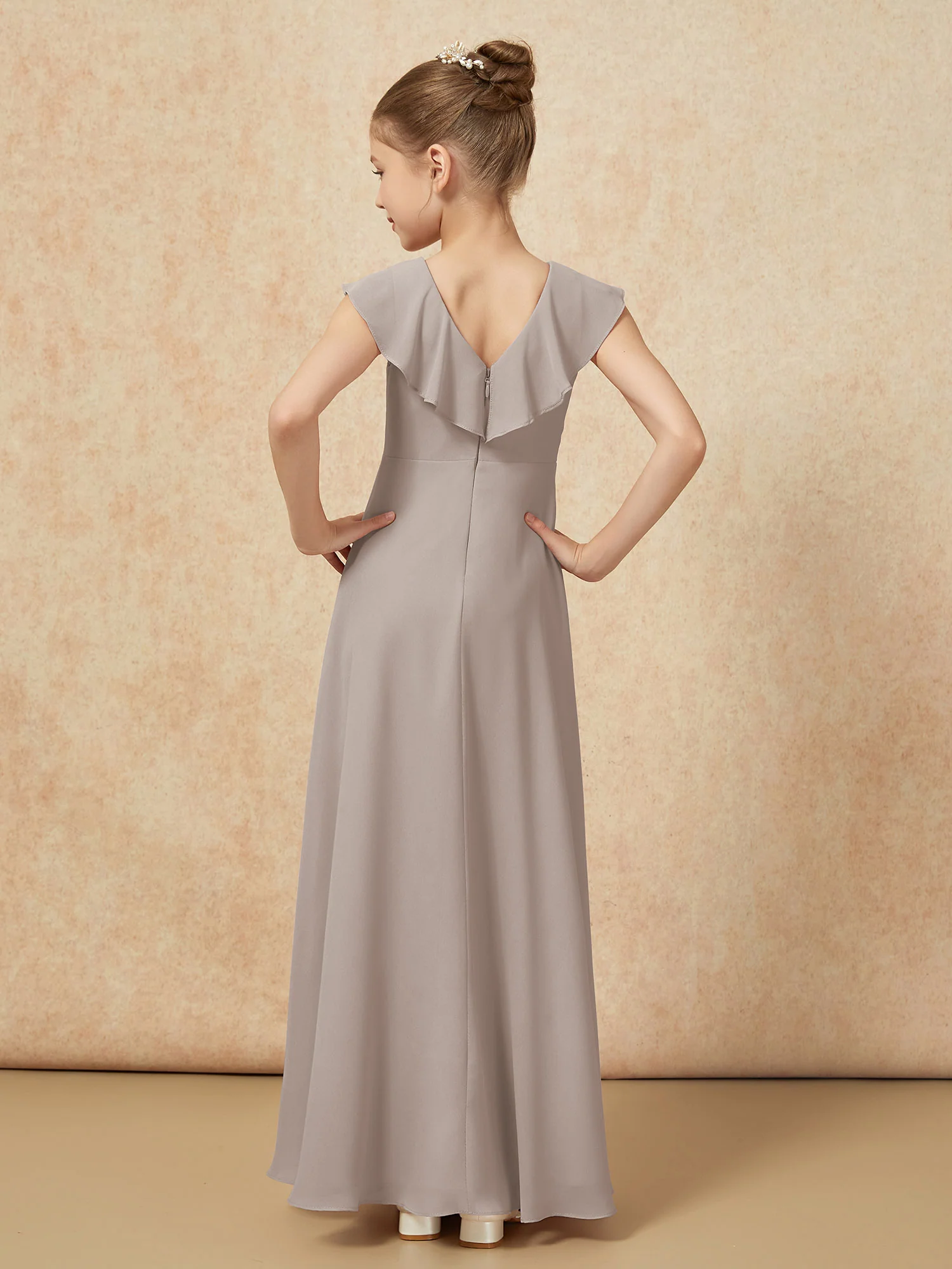 V-neck Ruffle Chiffon Junior Bridesmaid Dresses With Slit Taupe - Image 2