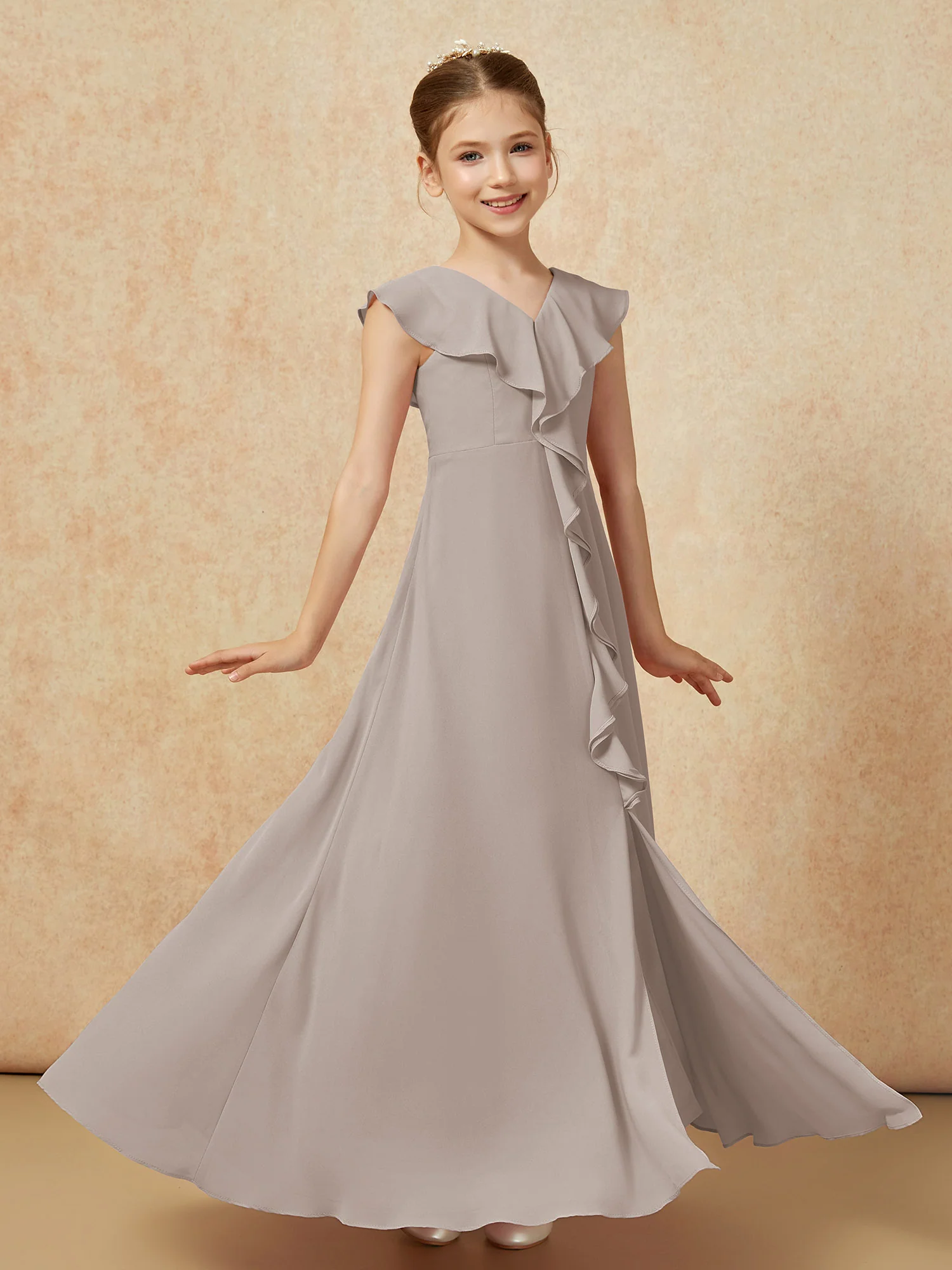 V-neck Ruffle Chiffon Junior Bridesmaid Dresses With Slit Taupe - Image 3