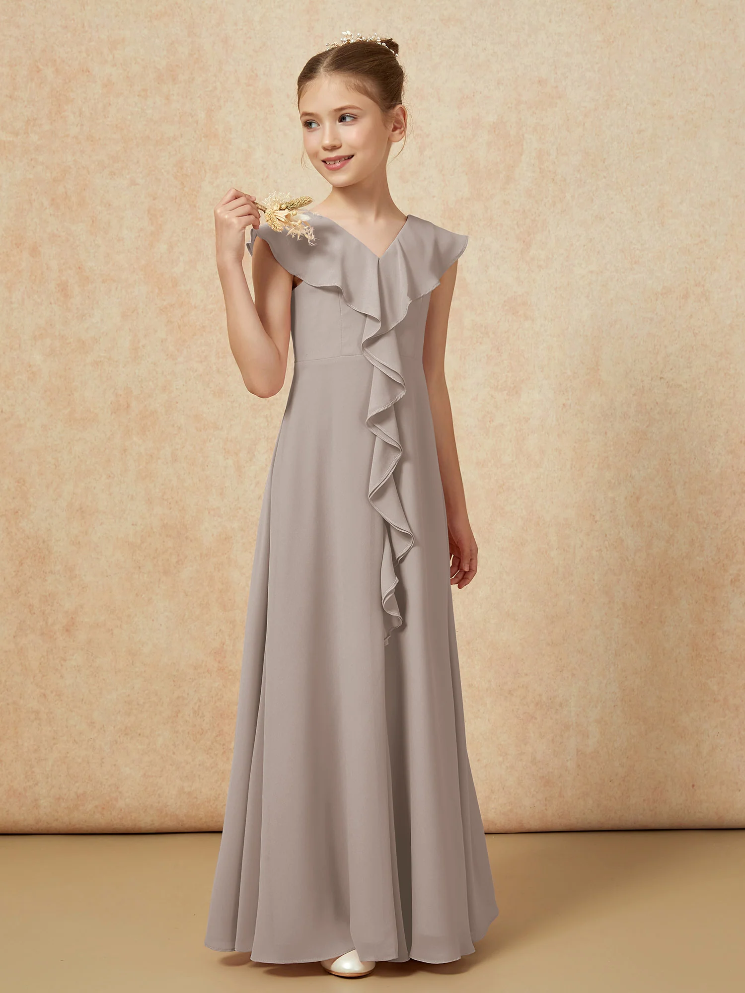 V-neck Ruffle Chiffon Junior Bridesmaid Dresses With Slit Taupe - Image 4