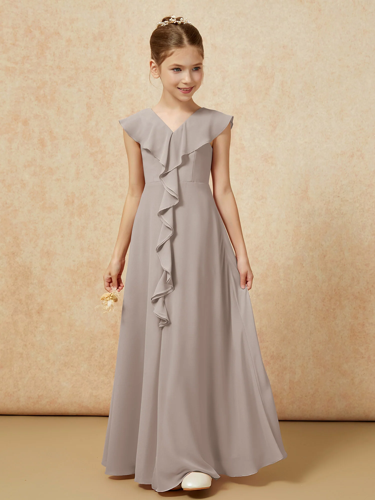 V-neck Ruffle Chiffon Junior Bridesmaid Dresses With Slit Taupe - Image 5