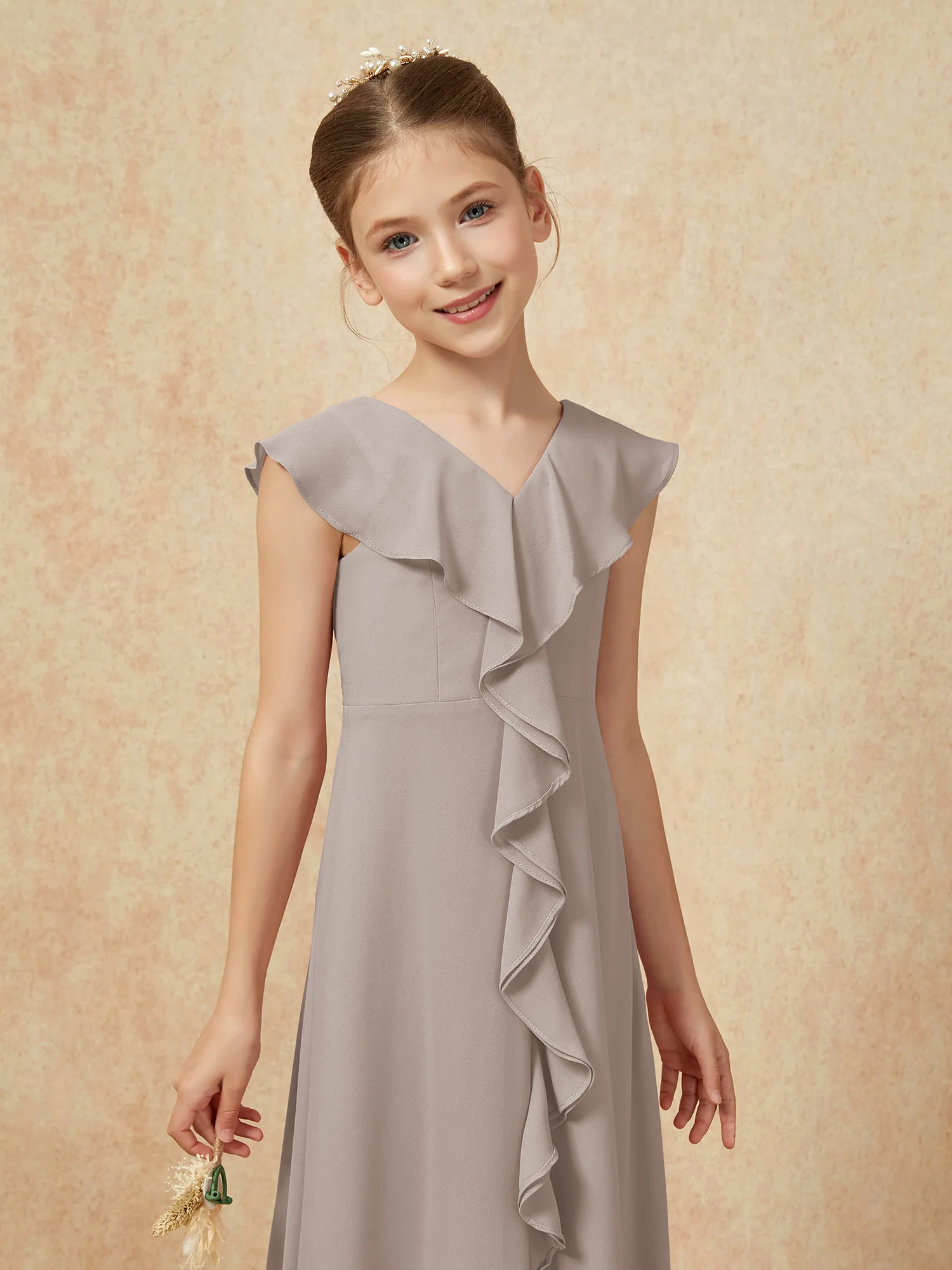V-neck Ruffle Chiffon Junior Bridesmaid Dresses With Slit Taupe - Image 6