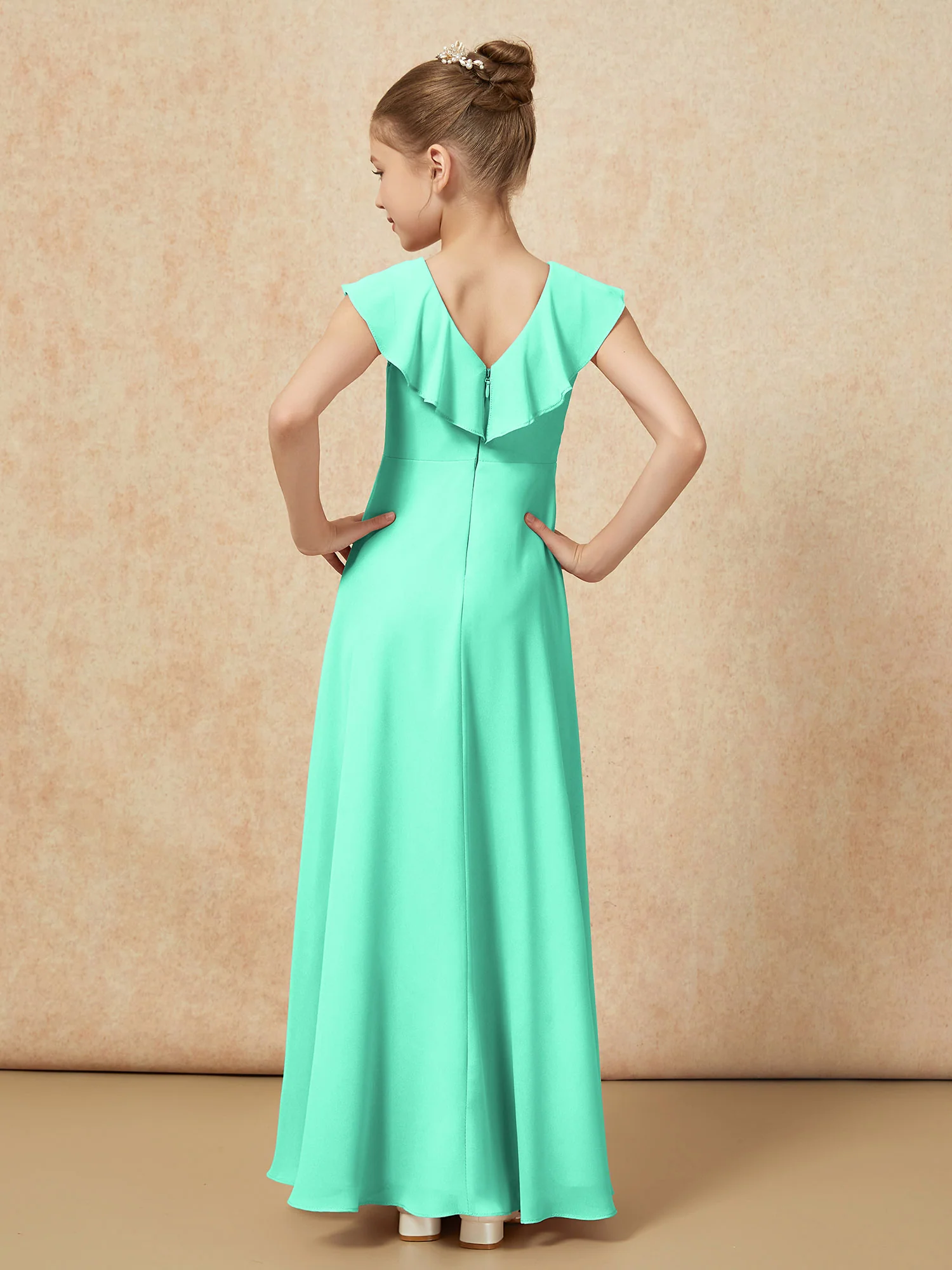 V-neck Ruffle Chiffon Junior Bridesmaid Dresses With Slit Turquoise - Image 2