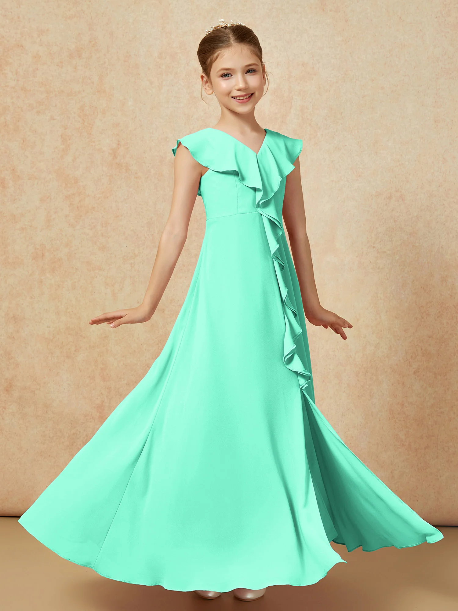 V-neck Ruffle Chiffon Junior Bridesmaid Dresses With Slit Turquoise - Image 3