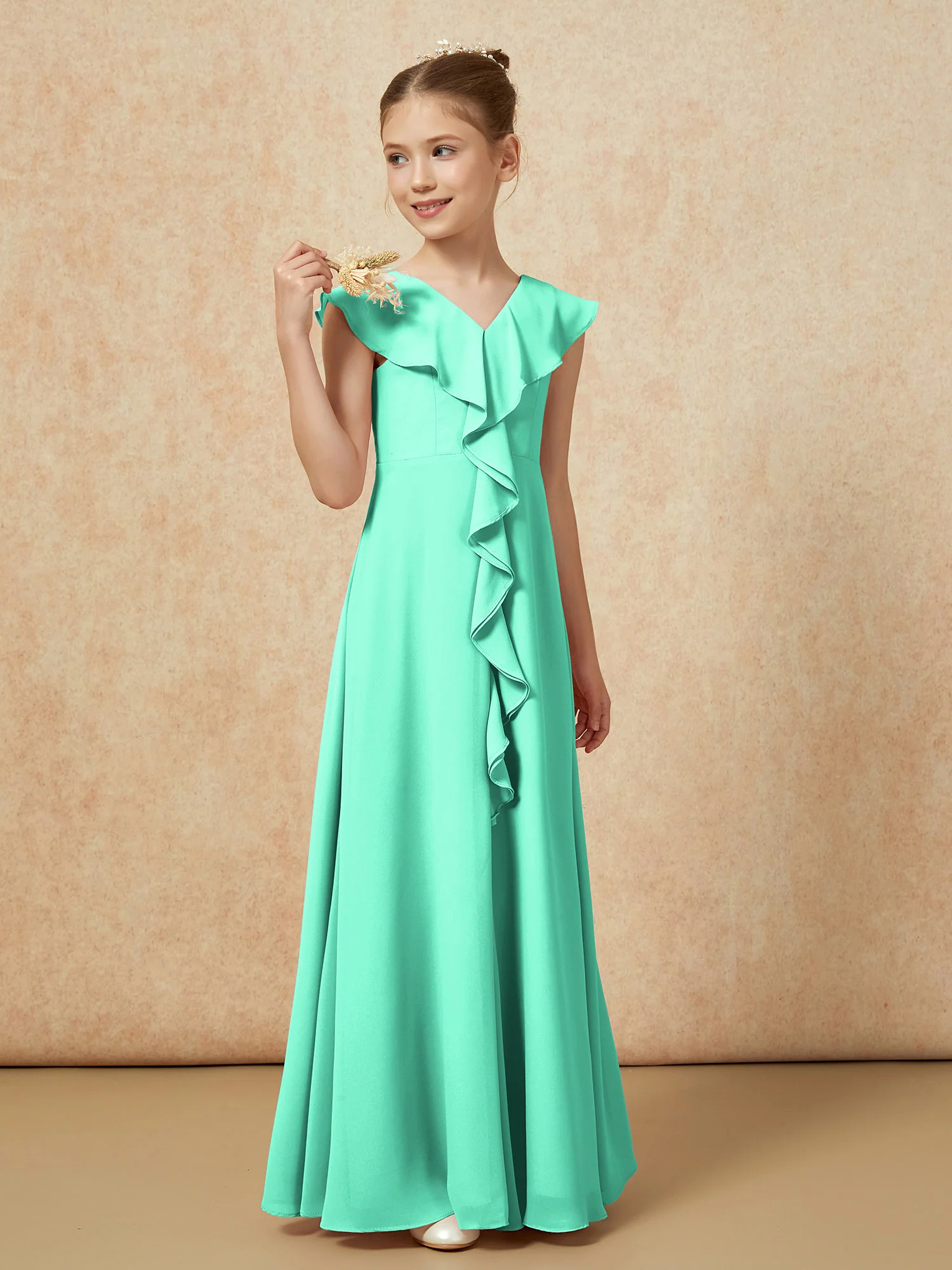 V-neck Ruffle Chiffon Junior Bridesmaid Dresses With Slit Turquoise - Image 4