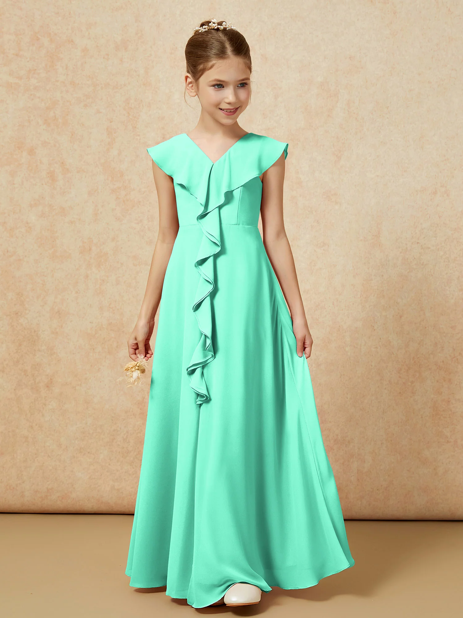 V-neck Ruffle Chiffon Junior Bridesmaid Dresses With Slit Turquoise - Image 5