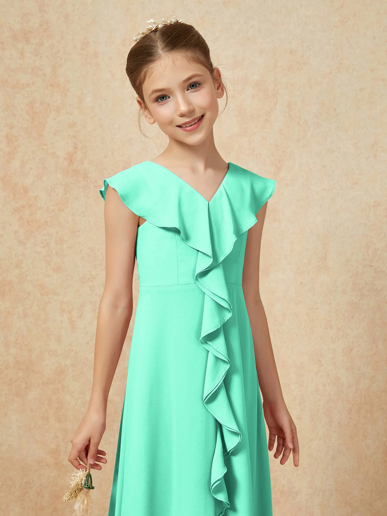 V-neck Ruffle Chiffon Junior Bridesmaid Dresses With Slit Turquoise - Image 6