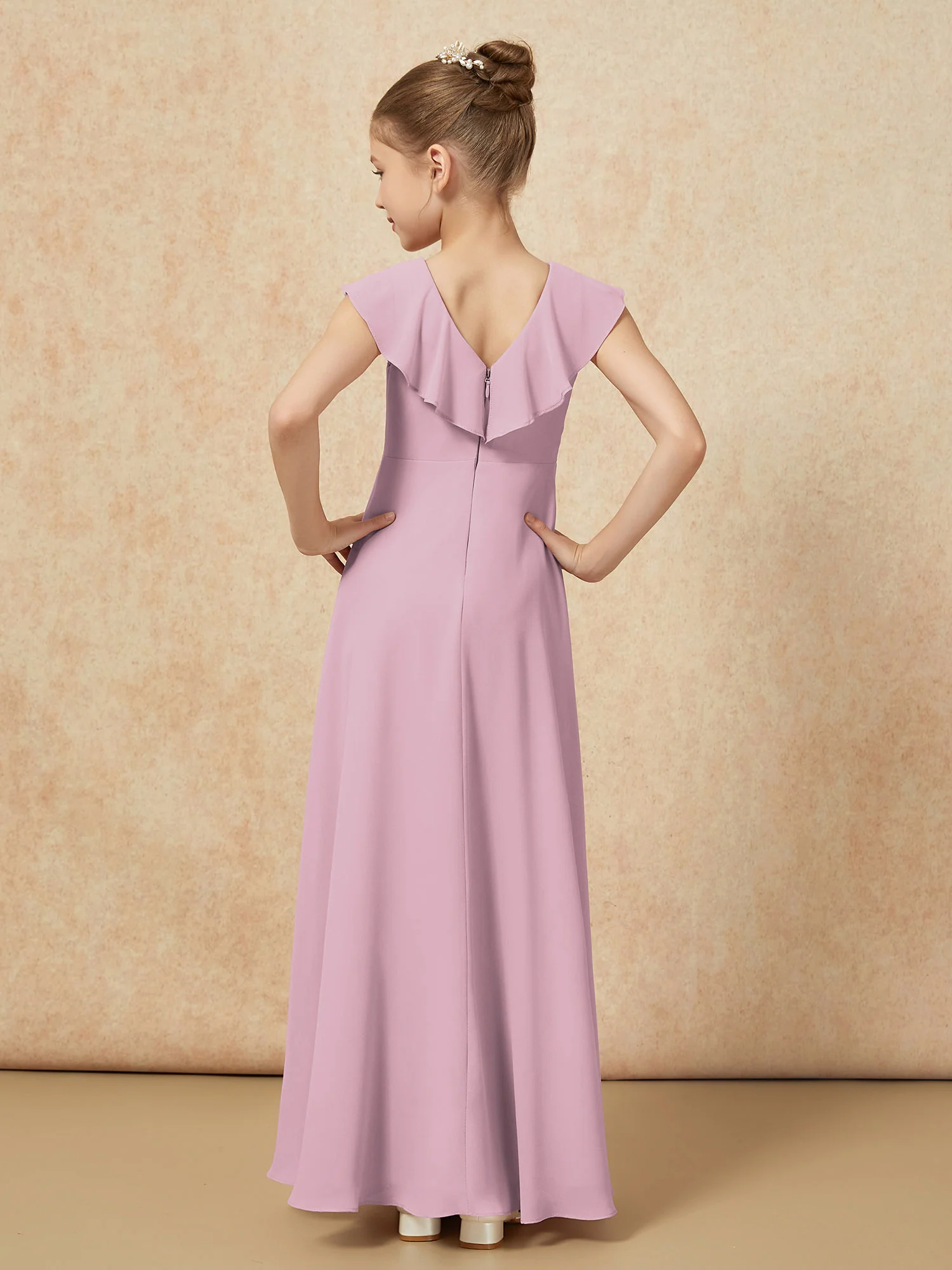V-neck Ruffle Chiffon Junior Bridesmaid Dresses With Slit Vintage Mauve - Image 2