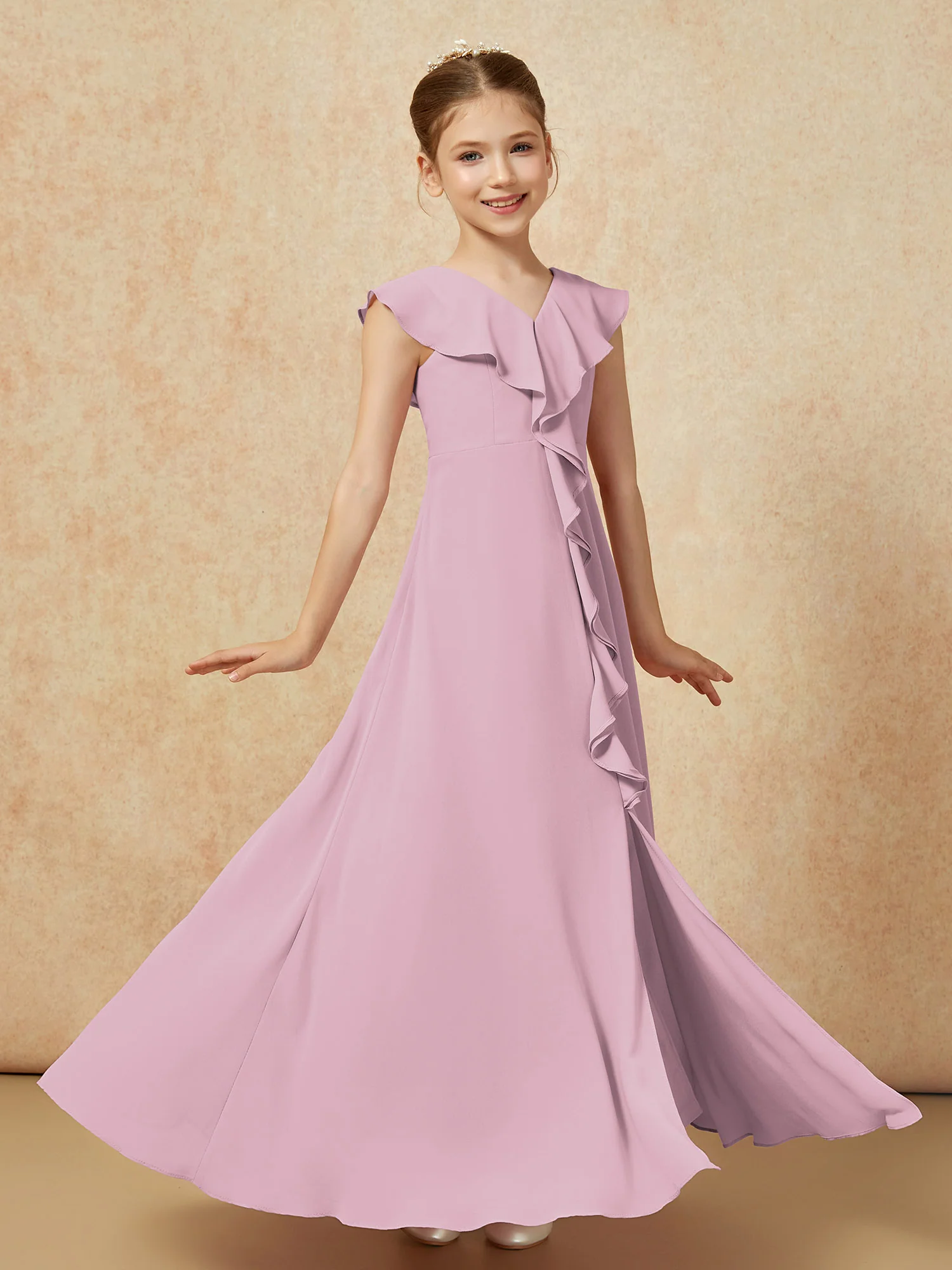 V-neck Ruffle Chiffon Junior Bridesmaid Dresses With Slit Vintage Mauve - Image 3