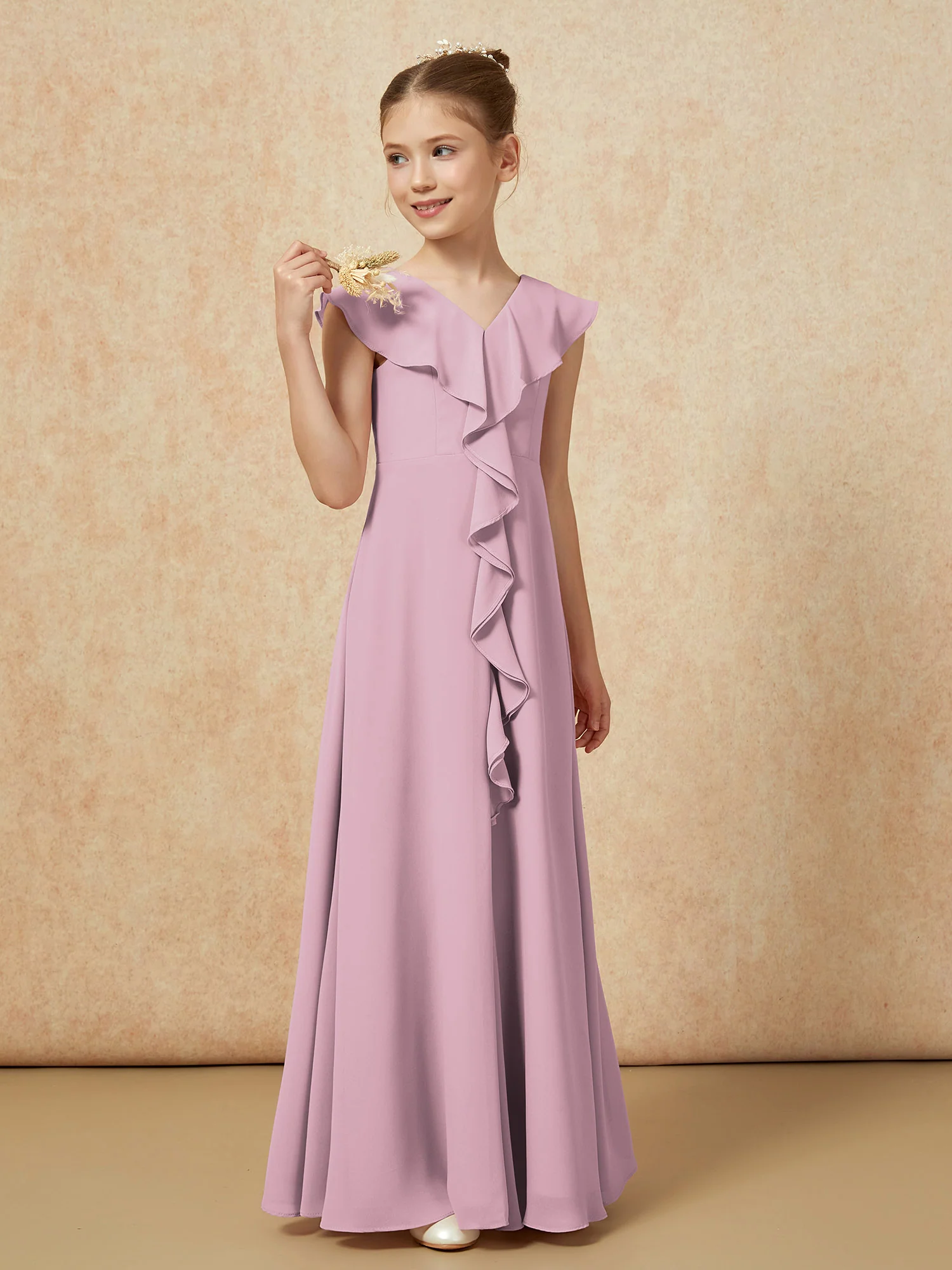 V-neck Ruffle Chiffon Junior Bridesmaid Dresses With Slit Vintage Mauve - Image 4
