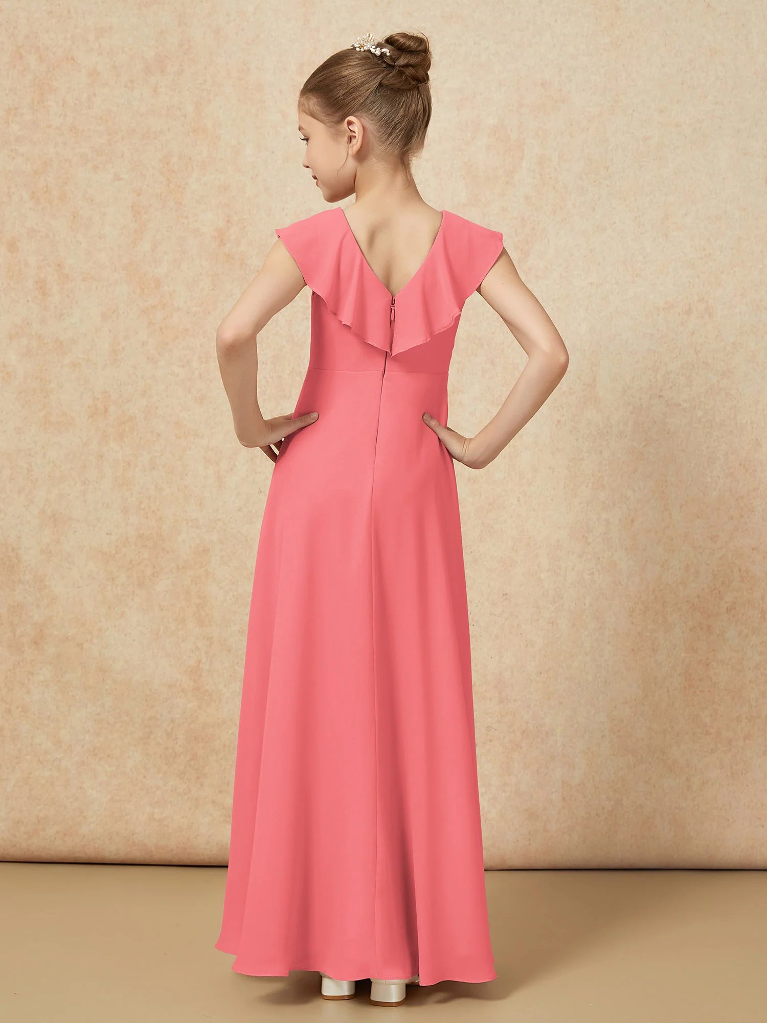 V-neck Ruffle Chiffon Junior Bridesmaid Dresses With Slit Watermelon - Image 2