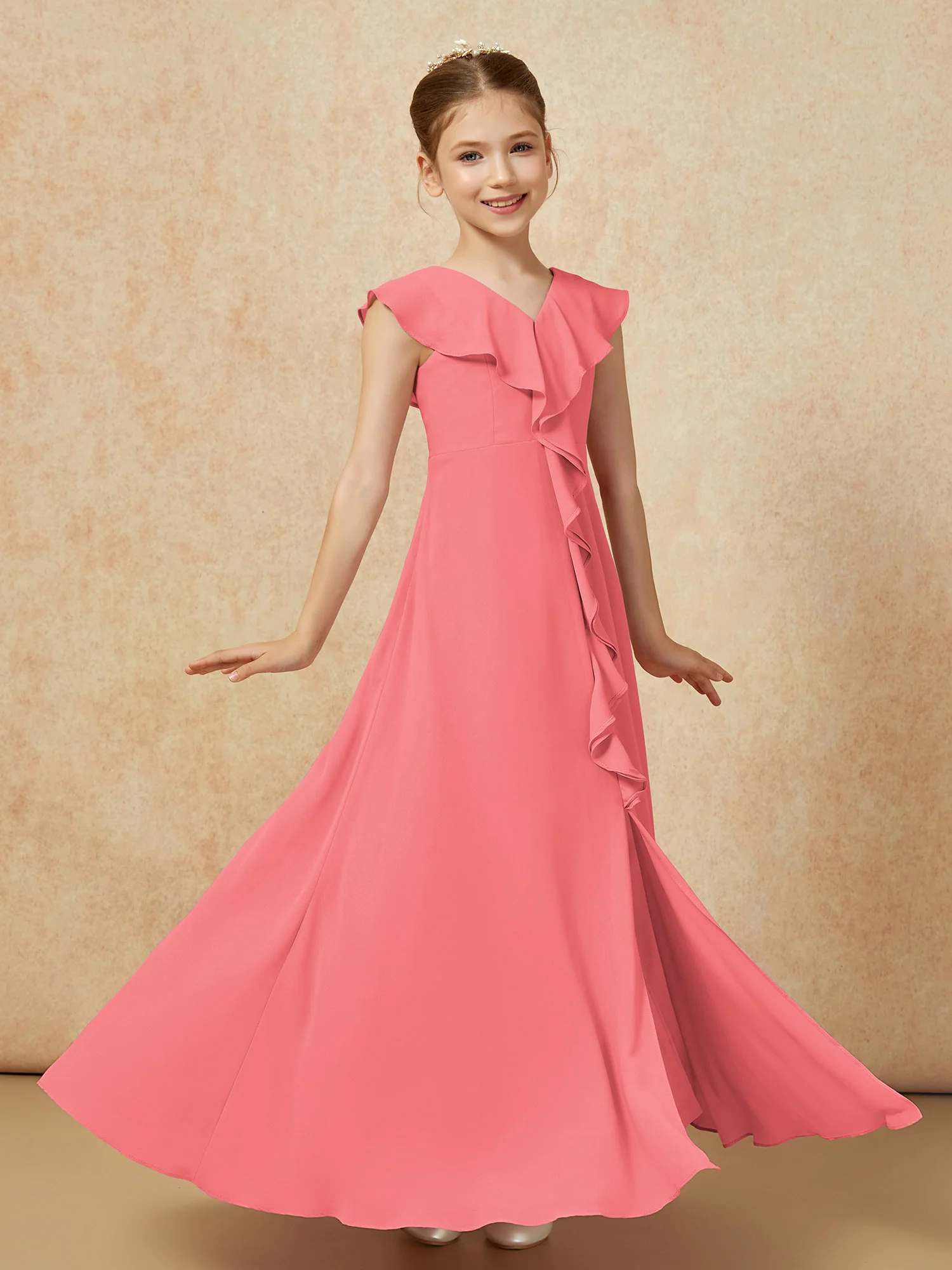 V-neck Ruffle Chiffon Junior Bridesmaid Dresses With Slit Watermelon - Image 3