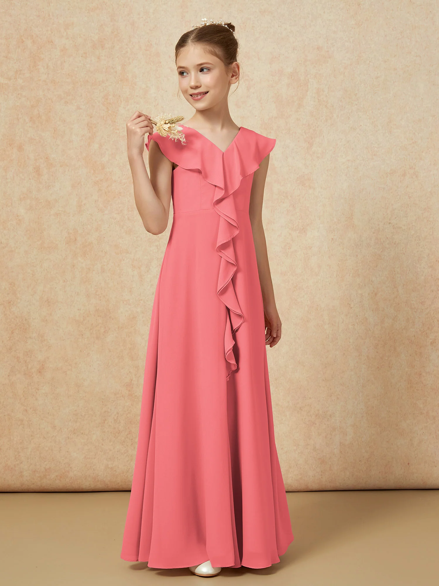 V-neck Ruffle Chiffon Junior Bridesmaid Dresses With Slit Watermelon - Image 4