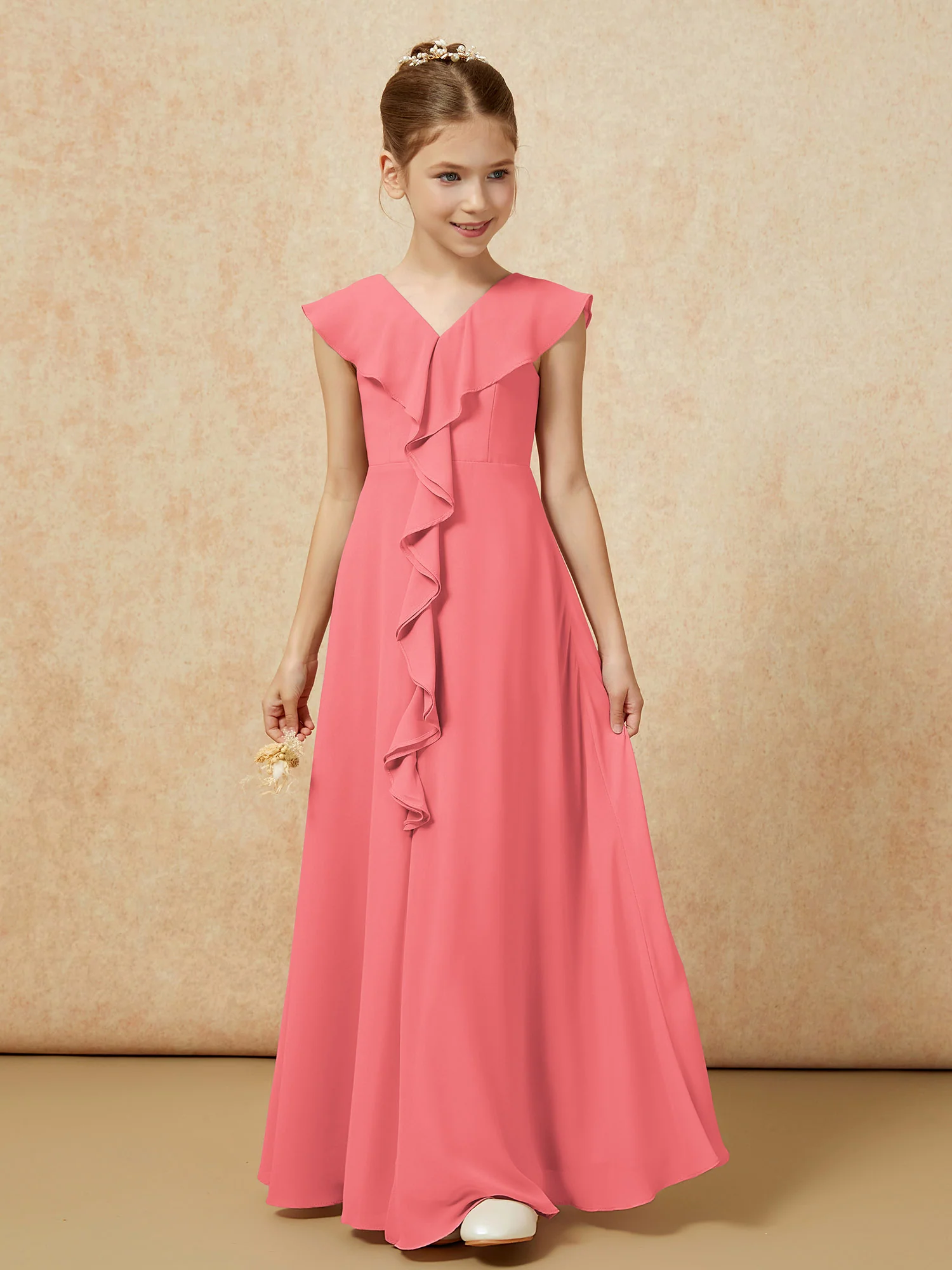 V-neck Ruffle Chiffon Junior Bridesmaid Dresses With Slit Watermelon - Image 5