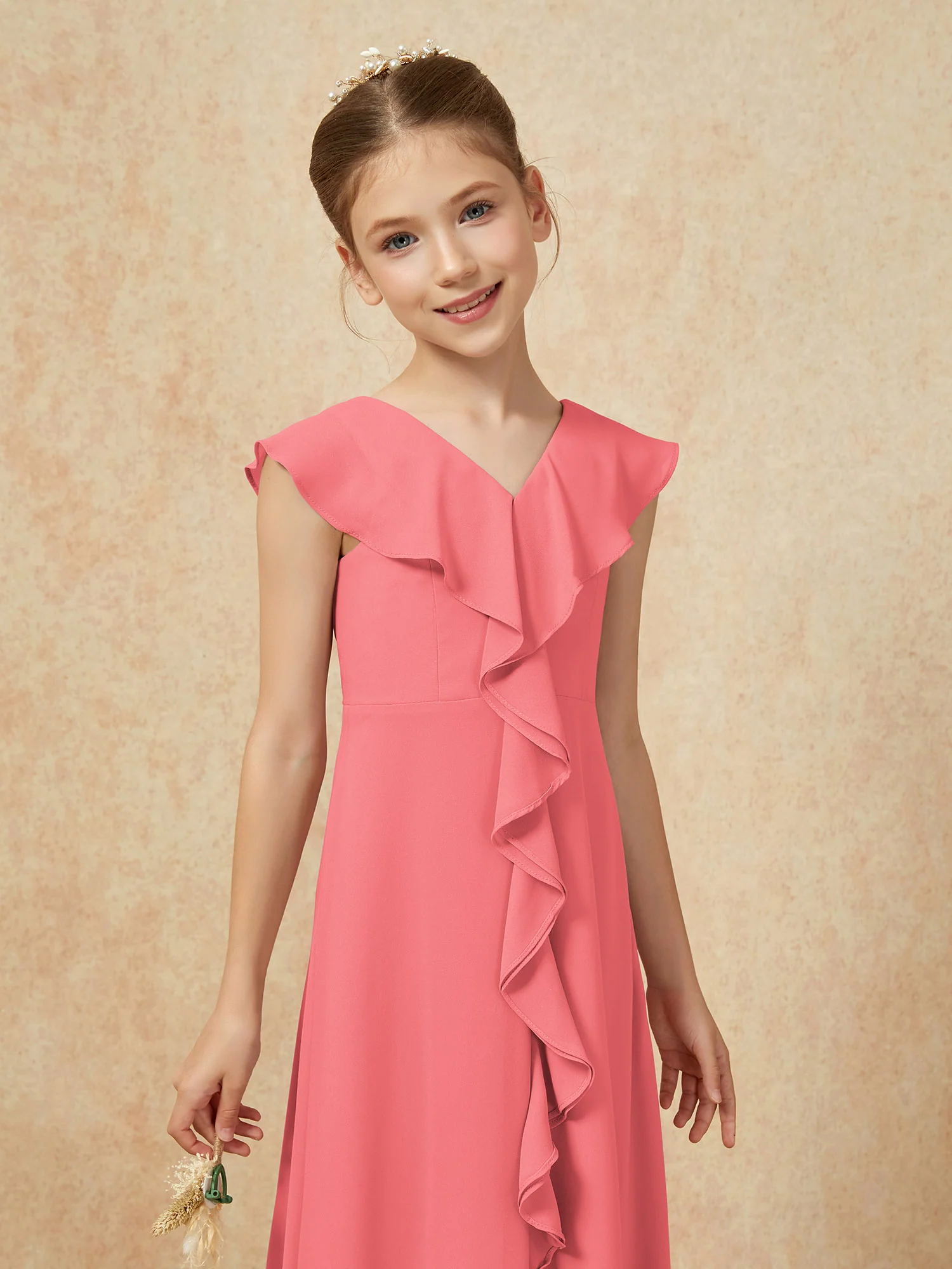 V-neck Ruffle Chiffon Junior Bridesmaid Dresses With Slit Watermelon - Image 6