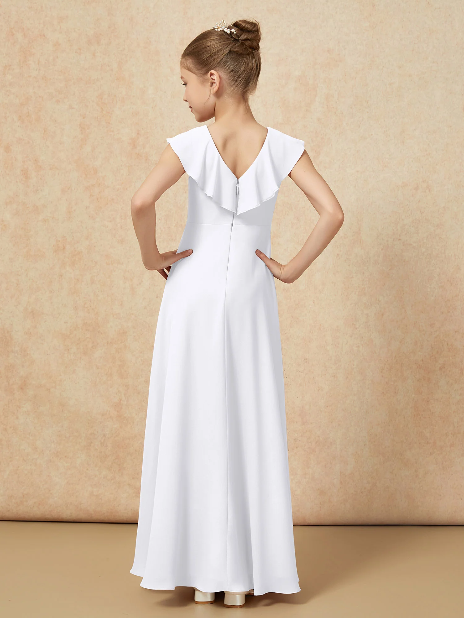 V-neck Ruffle Chiffon Junior Bridesmaid Dresses With Slit White - Image 2