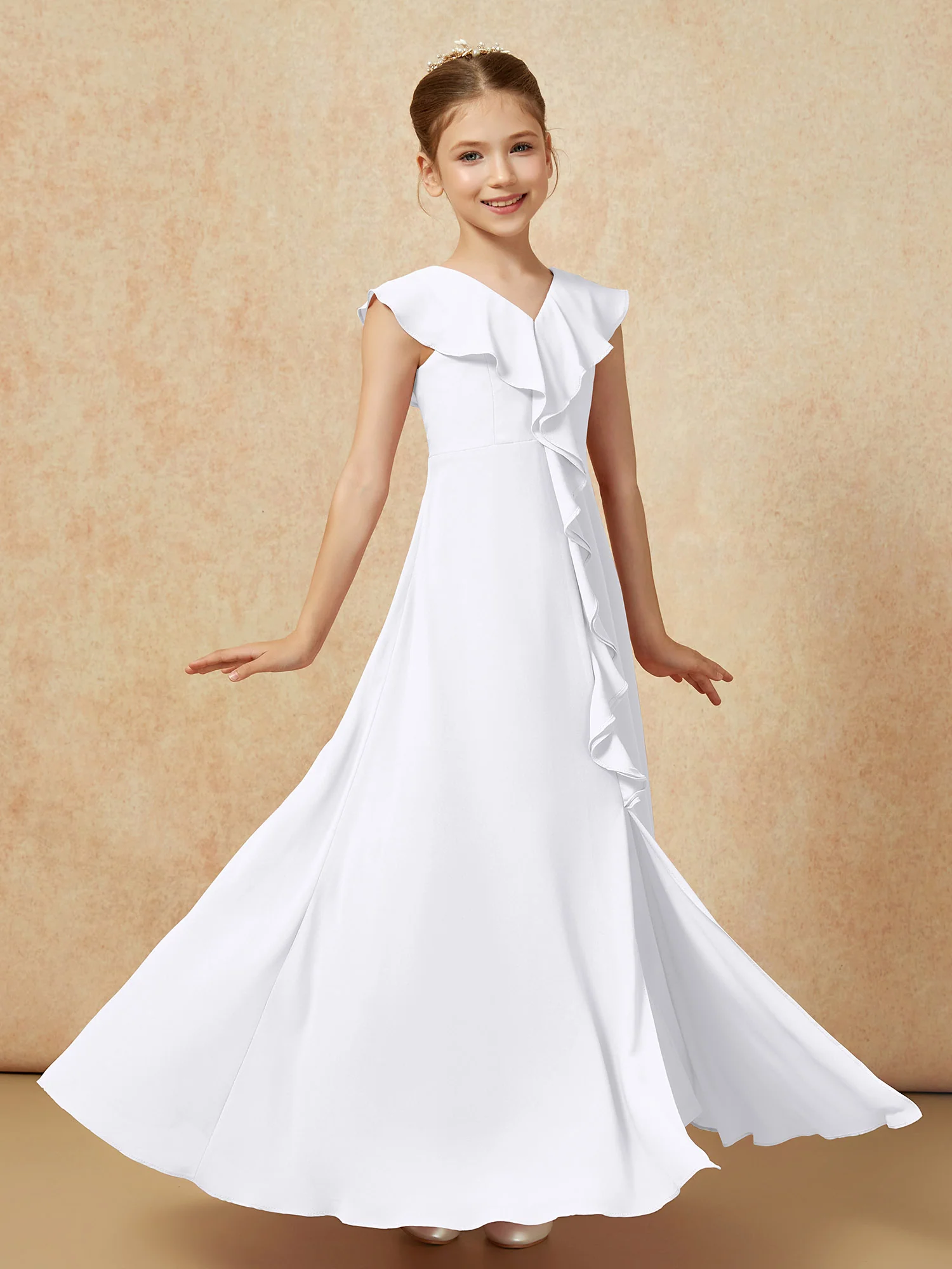 V-neck Ruffle Chiffon Junior Bridesmaid Dresses With Slit White - Image 3
