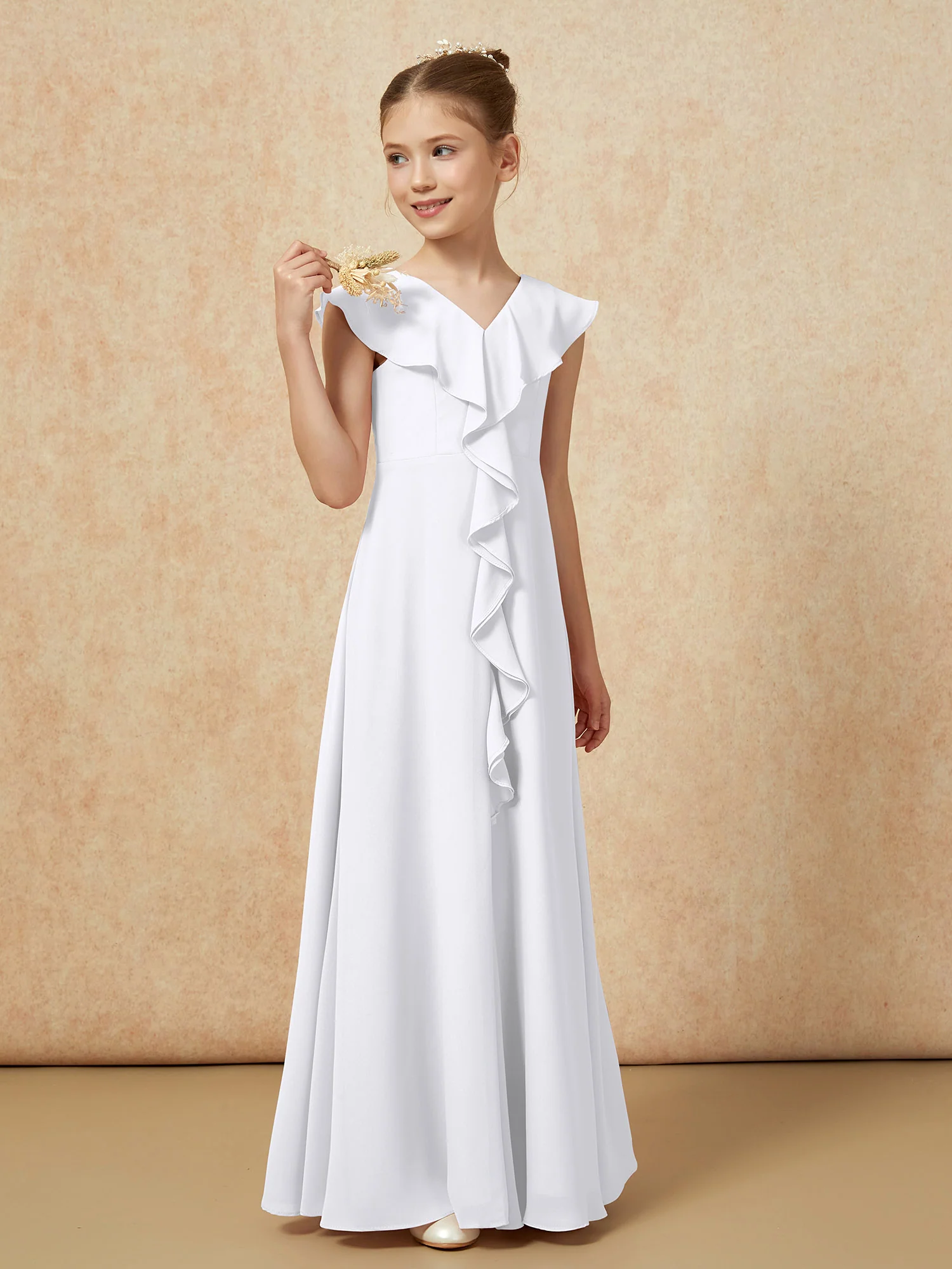 V-neck Ruffle Chiffon Junior Bridesmaid Dresses With Slit White - Image 4