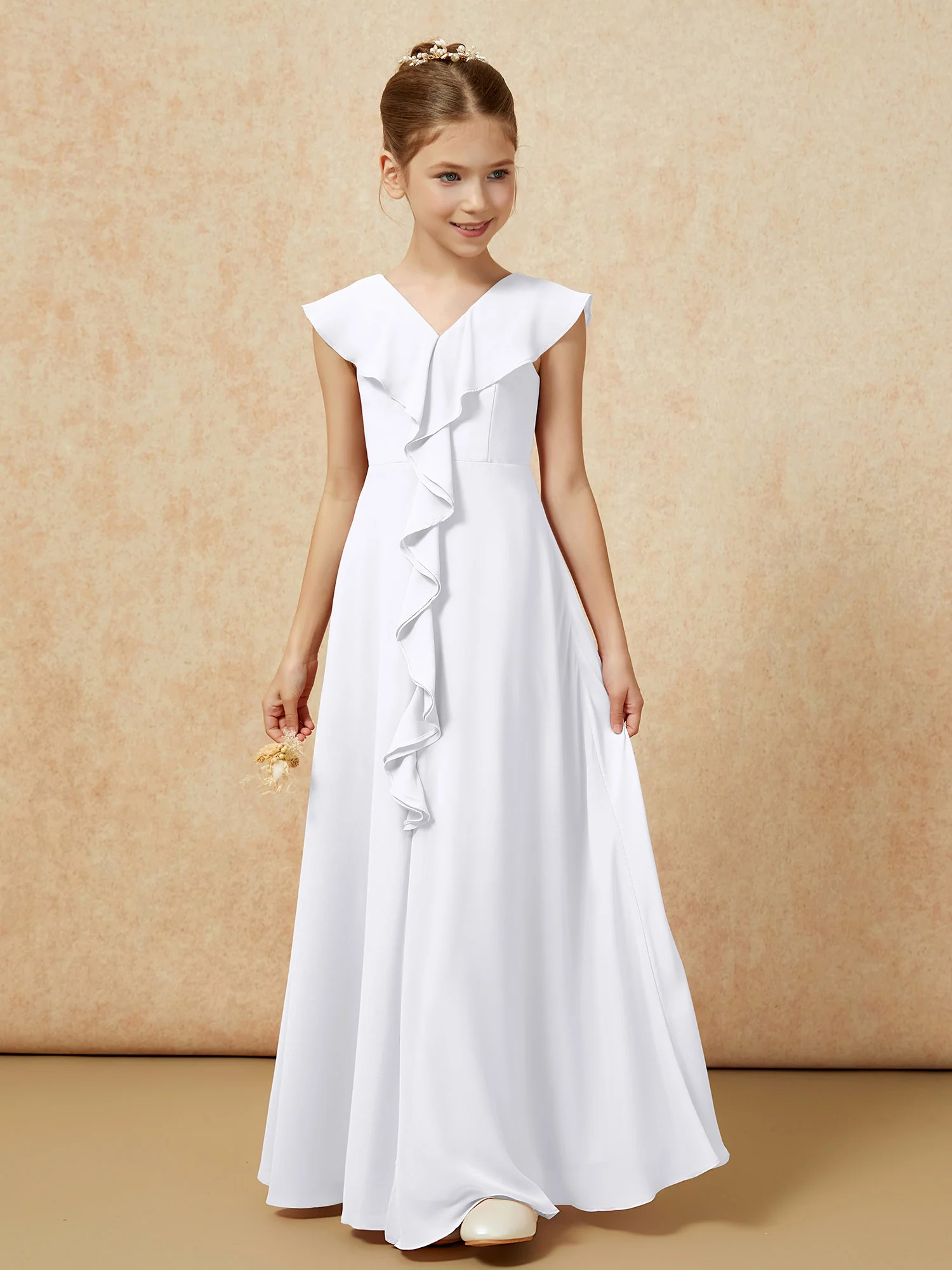 V-neck Ruffle Chiffon Junior Bridesmaid Dresses With Slit White - Image 5
