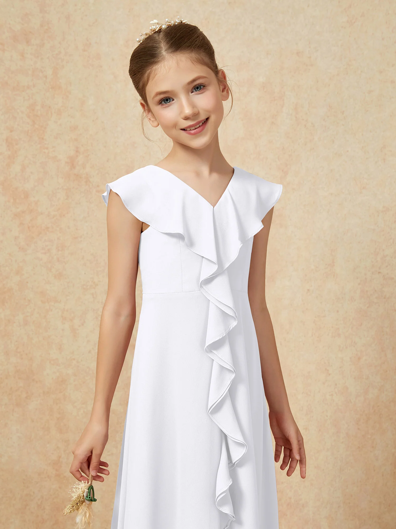V-neck Ruffle Chiffon Junior Bridesmaid Dresses With Slit White - Image 6