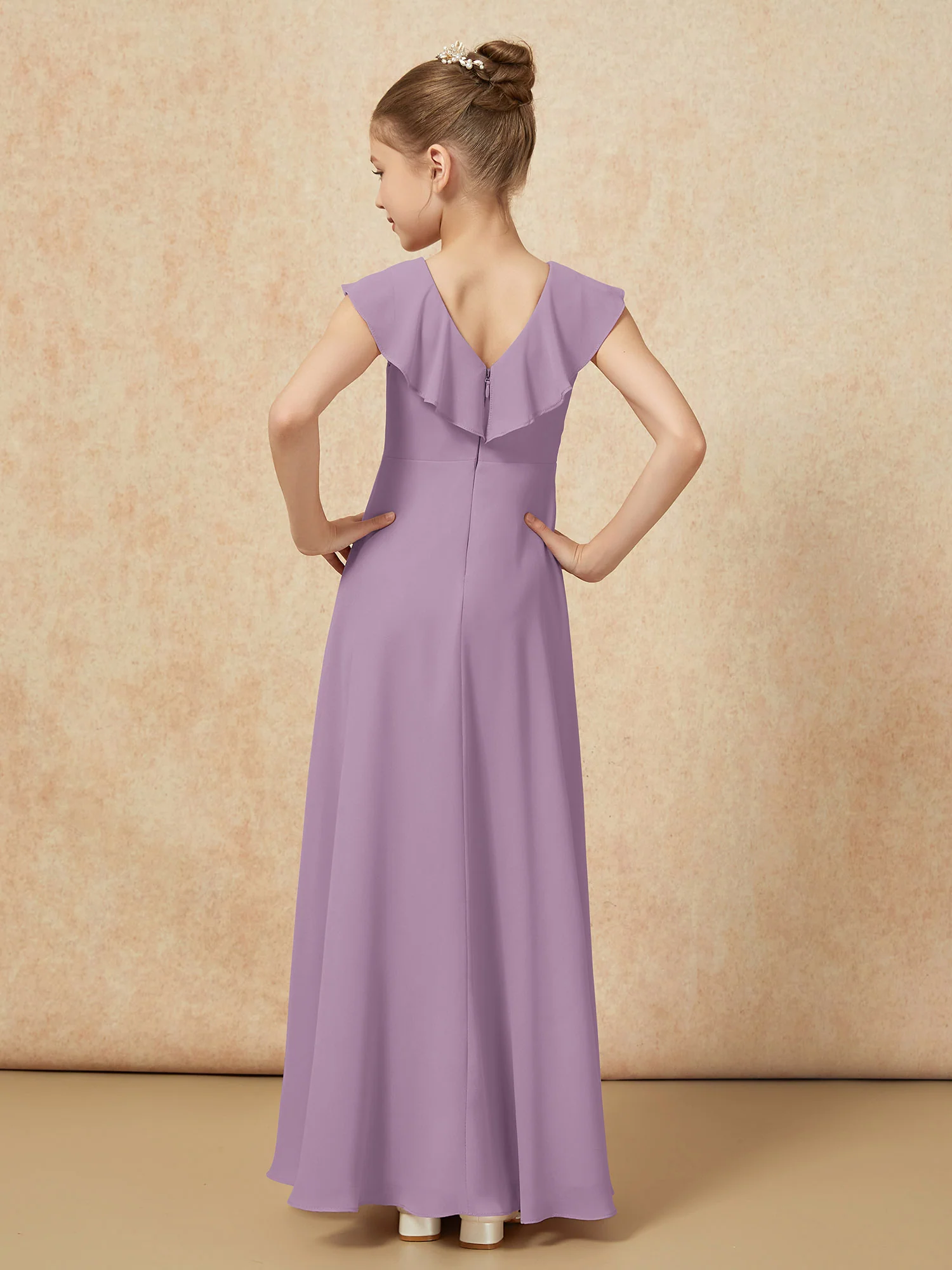 V-neck Ruffle Chiffon Junior Bridesmaid Dresses With Slit Wisteria - Image 2