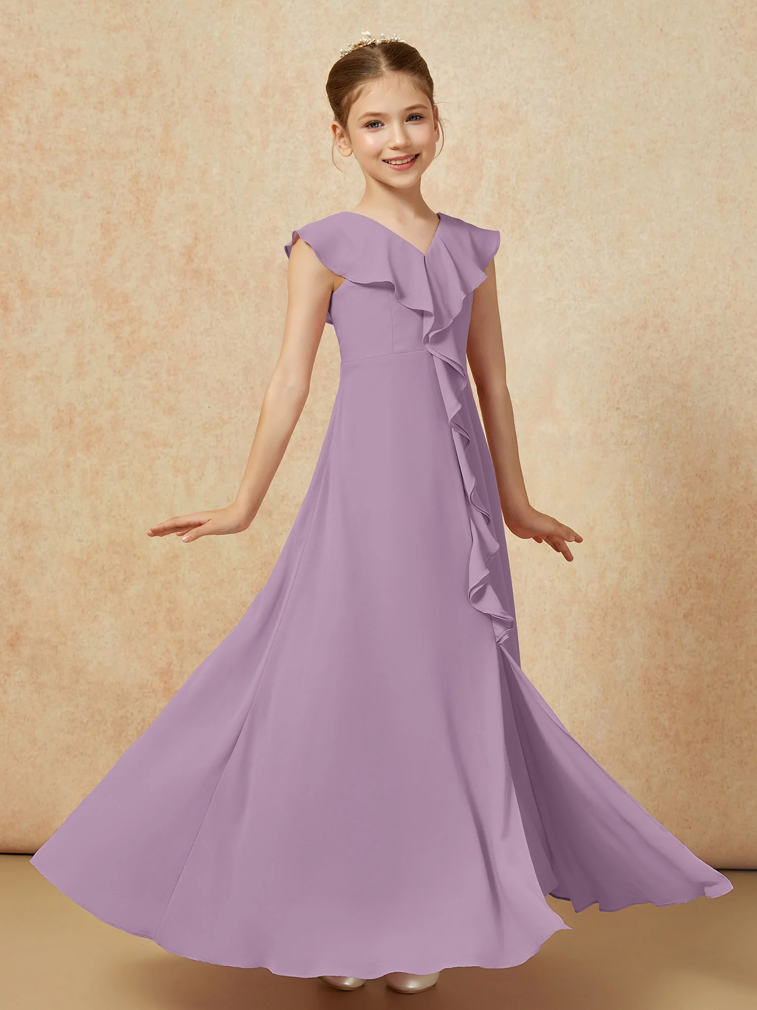 V-neck Ruffle Chiffon Junior Bridesmaid Dresses With Slit Wisteria - Image 3