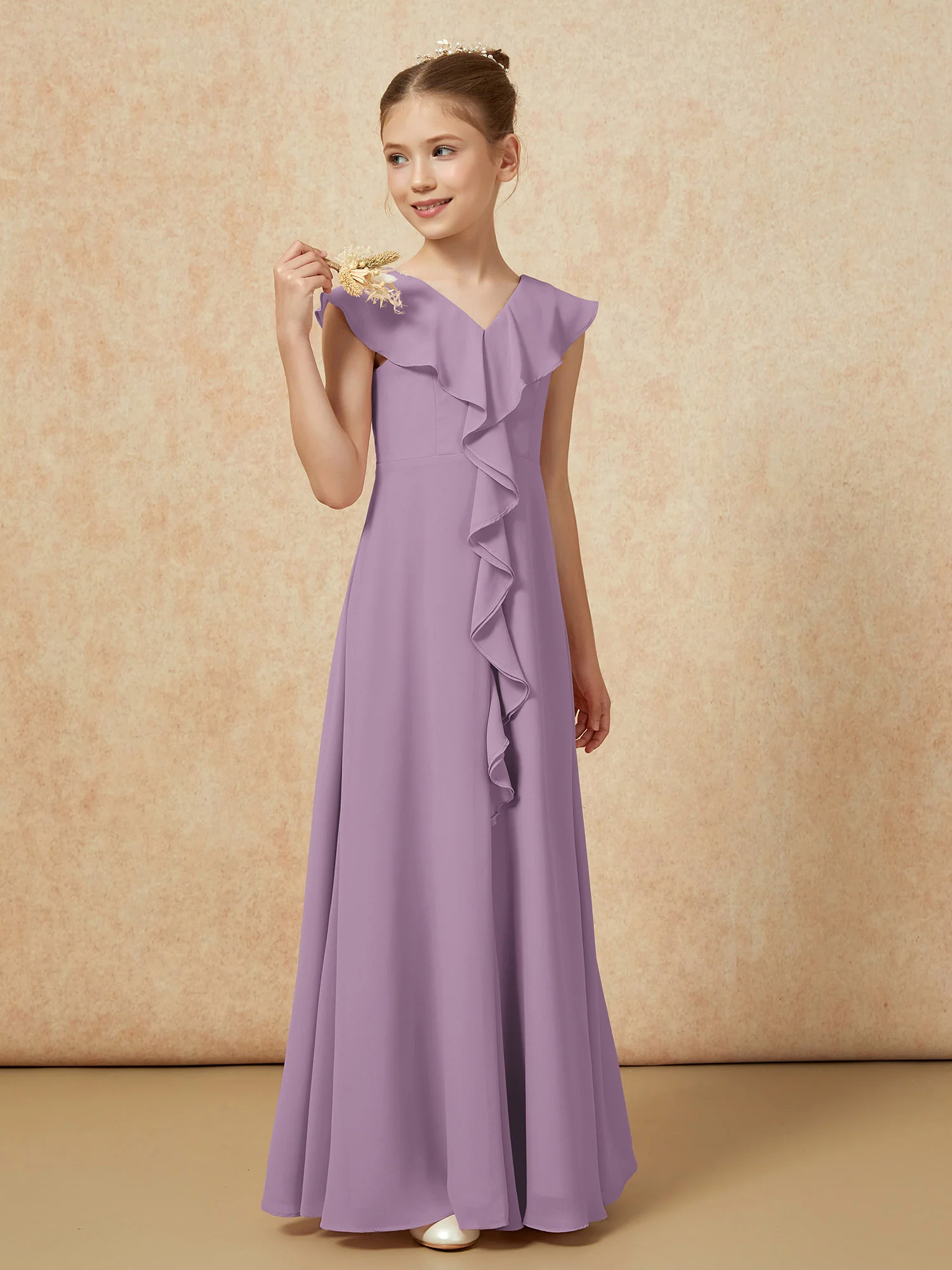 V-neck Ruffle Chiffon Junior Bridesmaid Dresses With Slit Wisteria - Image 4
