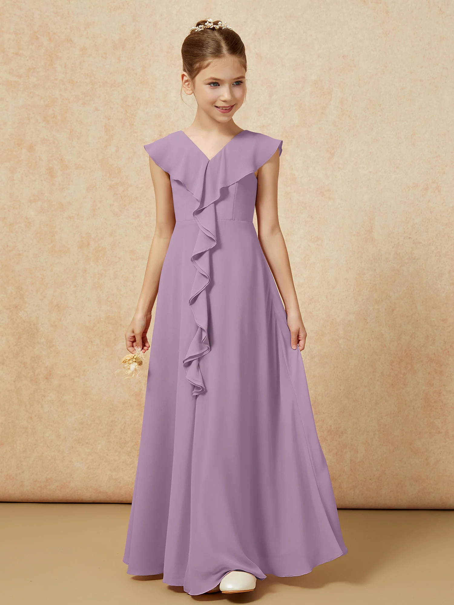 V-neck Ruffle Chiffon Junior Bridesmaid Dresses With Slit Wisteria - Image 5