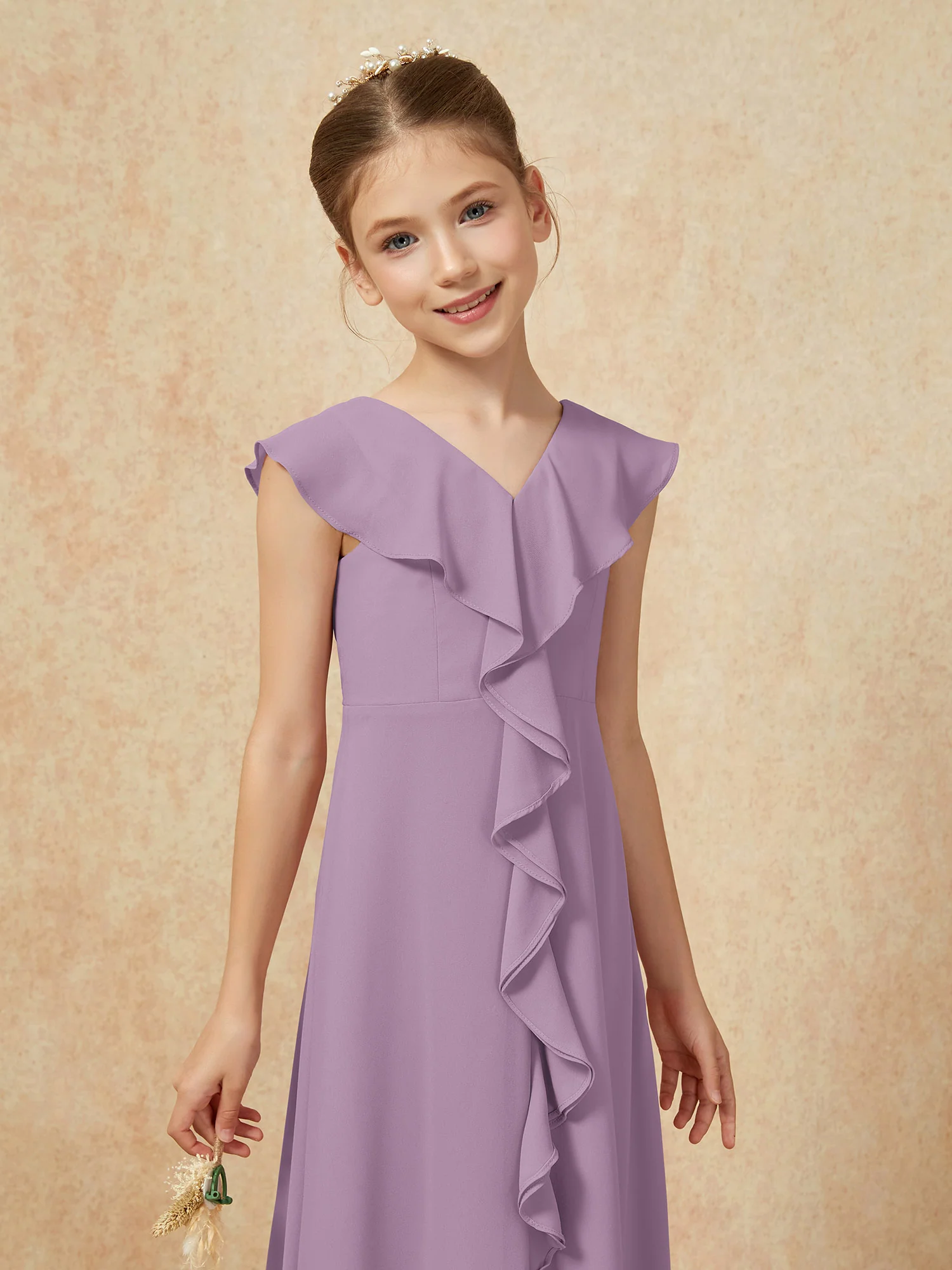 V-neck Ruffle Chiffon Junior Bridesmaid Dresses With Slit Wisteria - Image 6