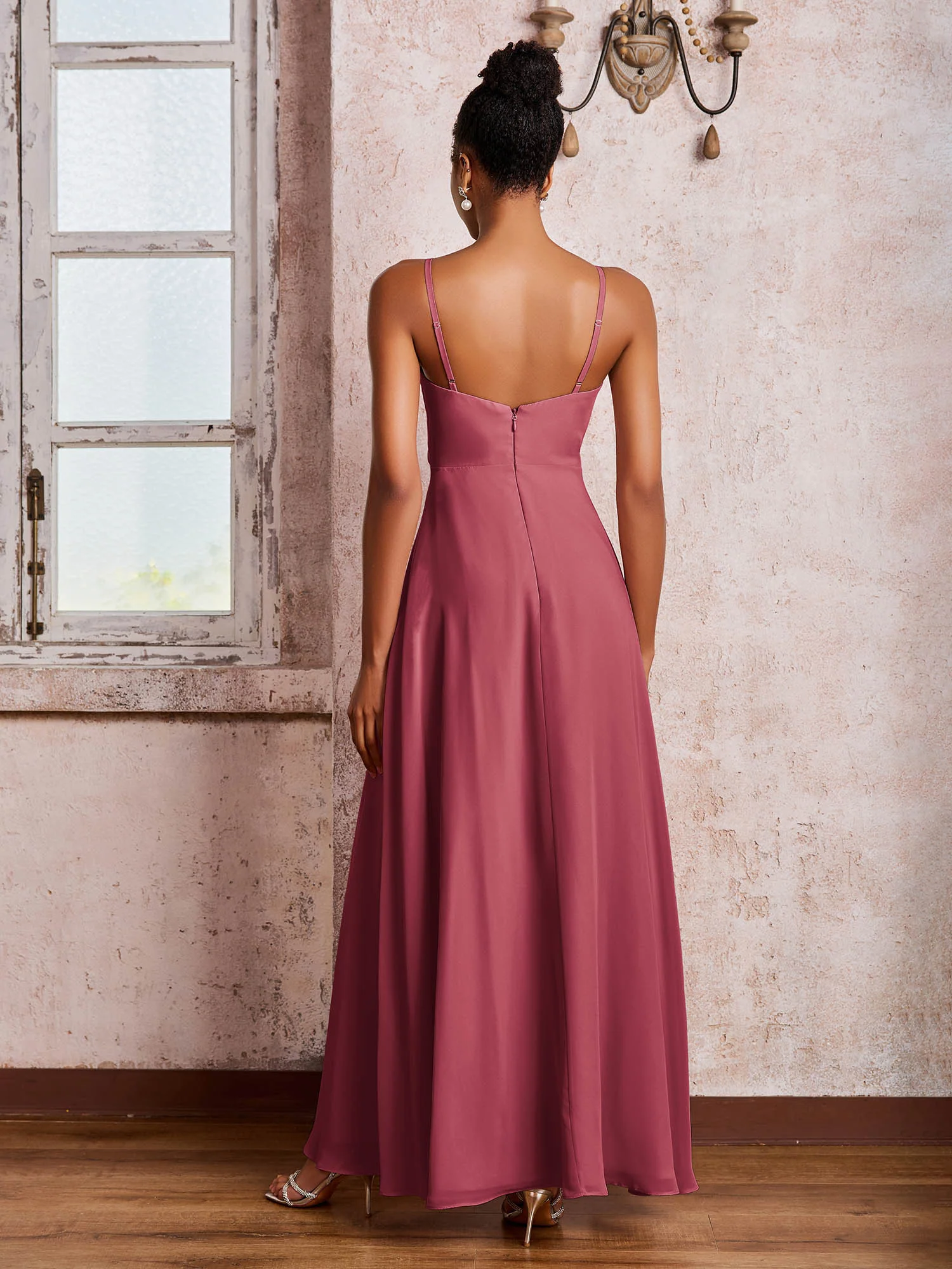 V-neck Ruffle Slit Chiffon Dresses with Cascade Skirt Cinnamon Rose - Image 2