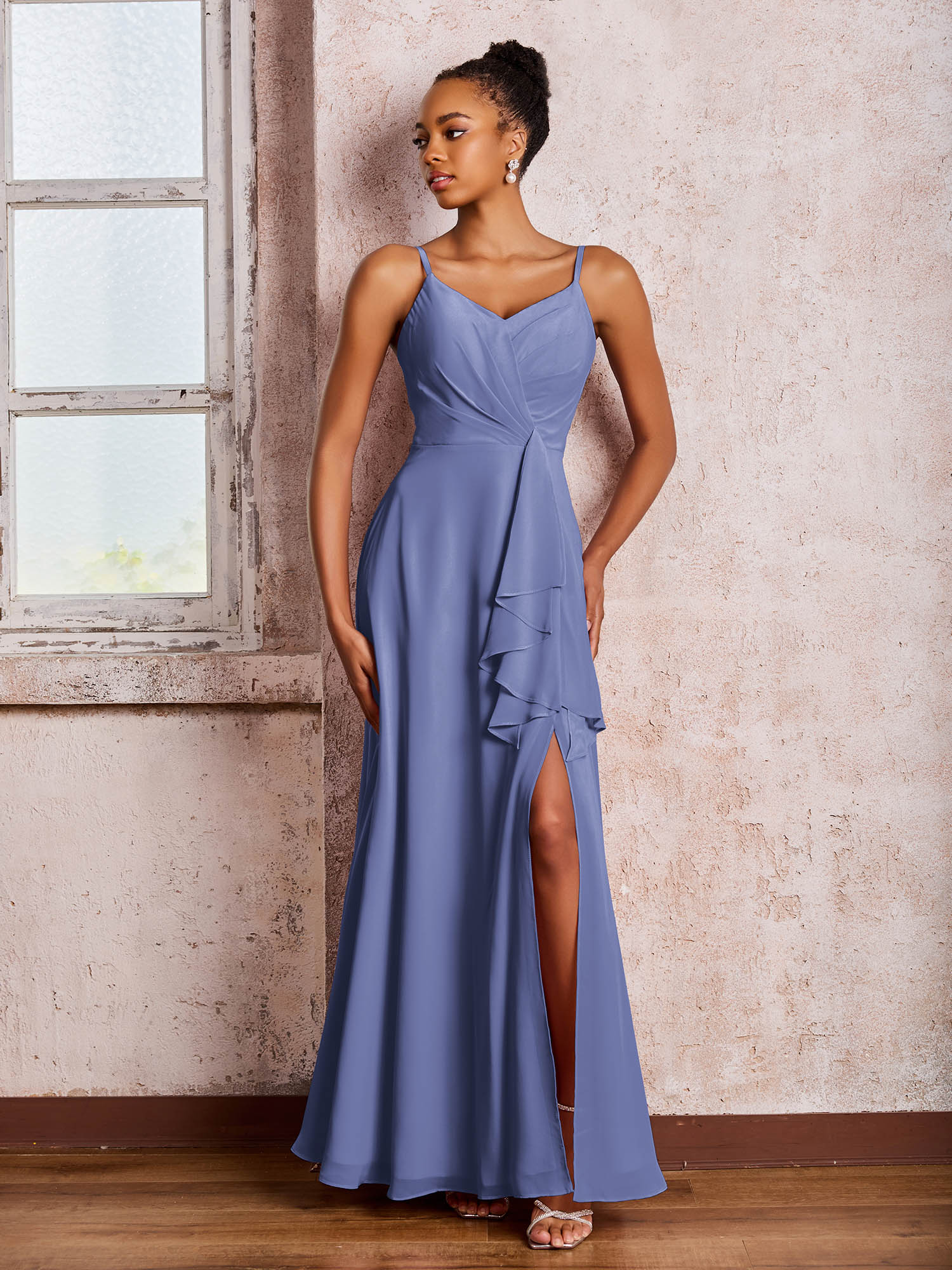 V-neck Ruffle Slit Chiffon Dresses with Cascade Skirt Periwinkle