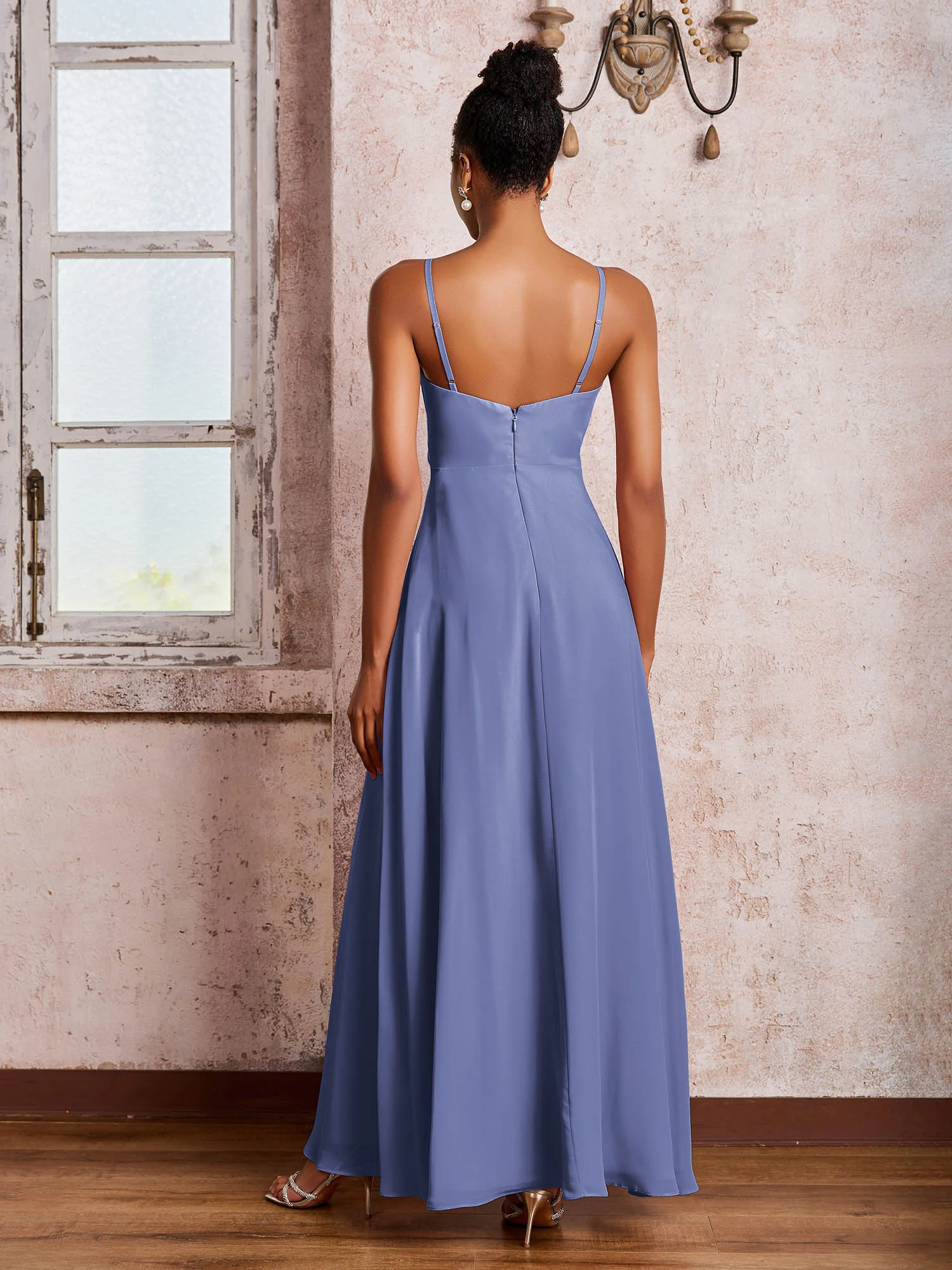 V-neck Ruffle Slit Chiffon Dresses with Cascade Skirt Periwinkle - Image 2