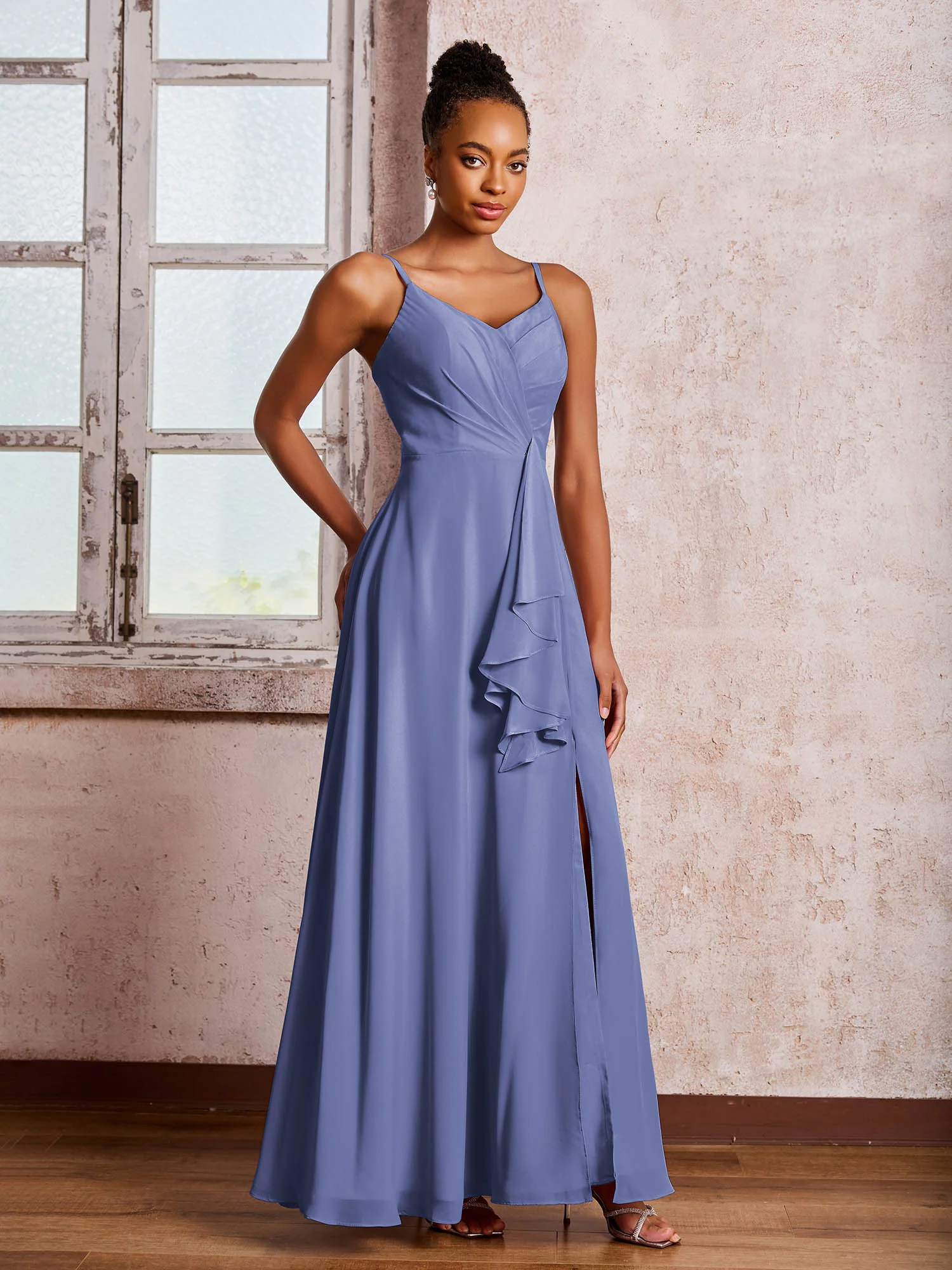 V-neck Ruffle Slit Chiffon Dresses with Cascade Skirt Periwinkle - Image 3