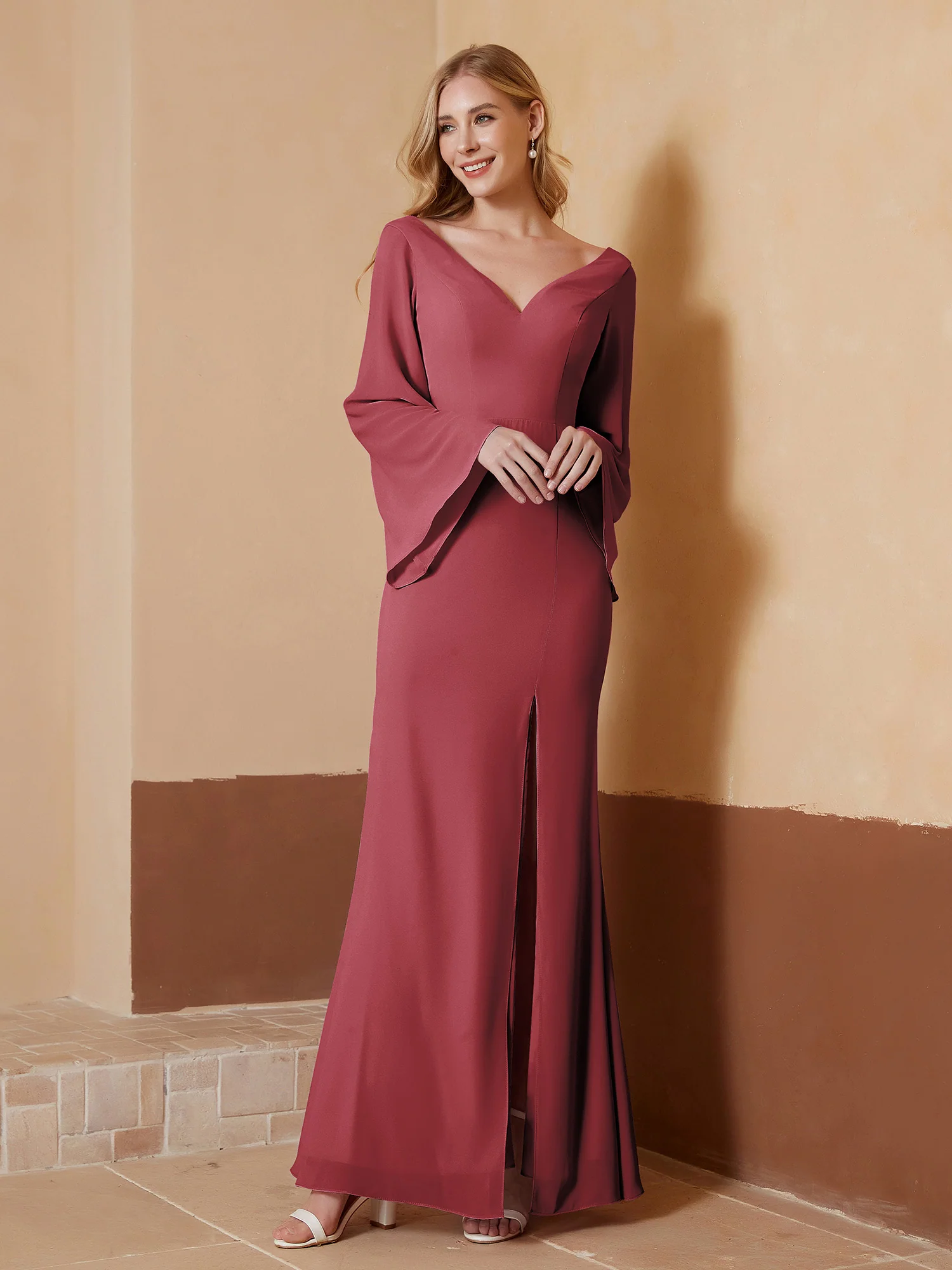 V-neck Sheath Column Chiffon Dress With Slit Cinnamon Rose