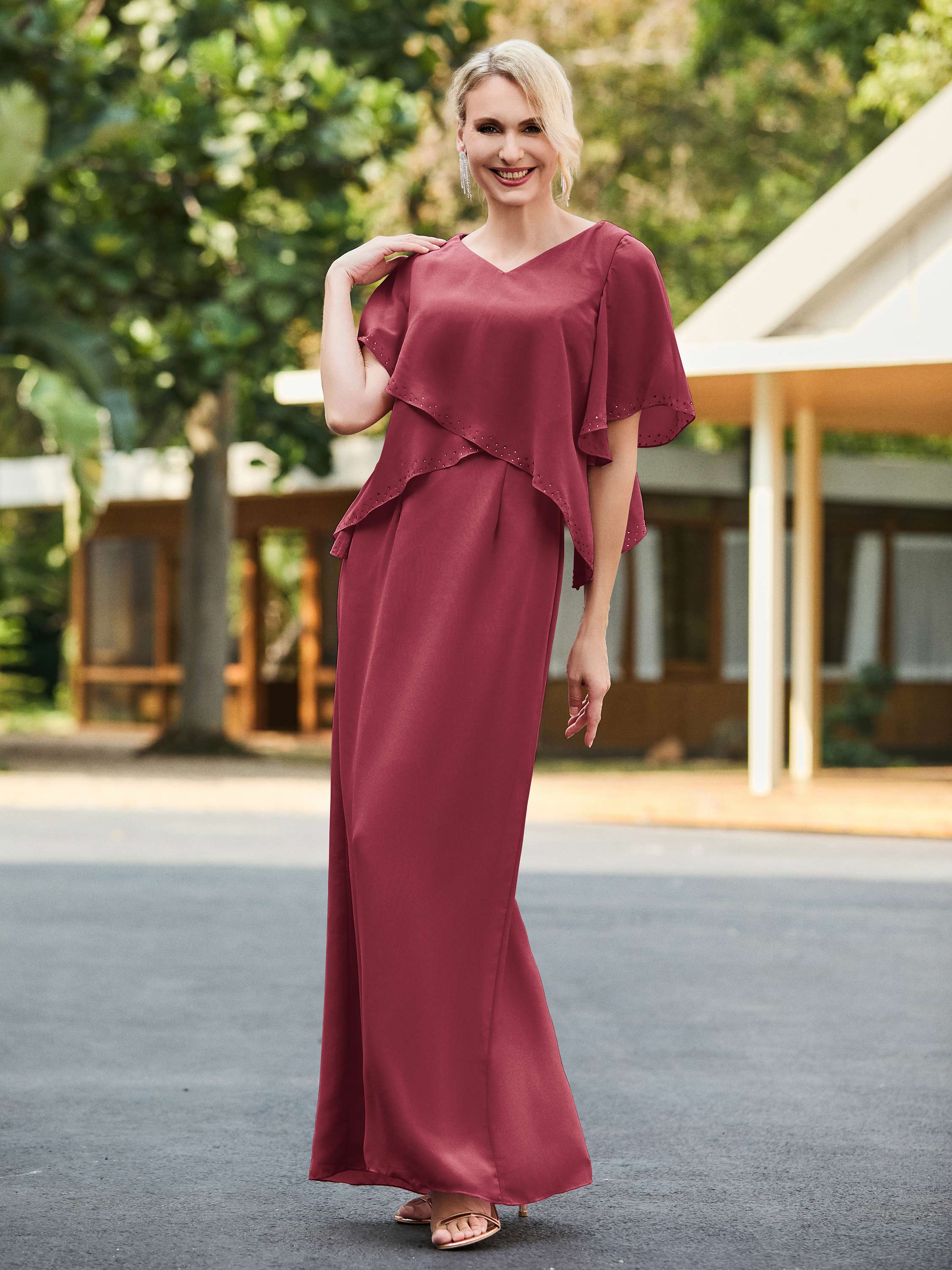 V-neck Sheath Dress with Back Hem Slit Cinnamon Rose