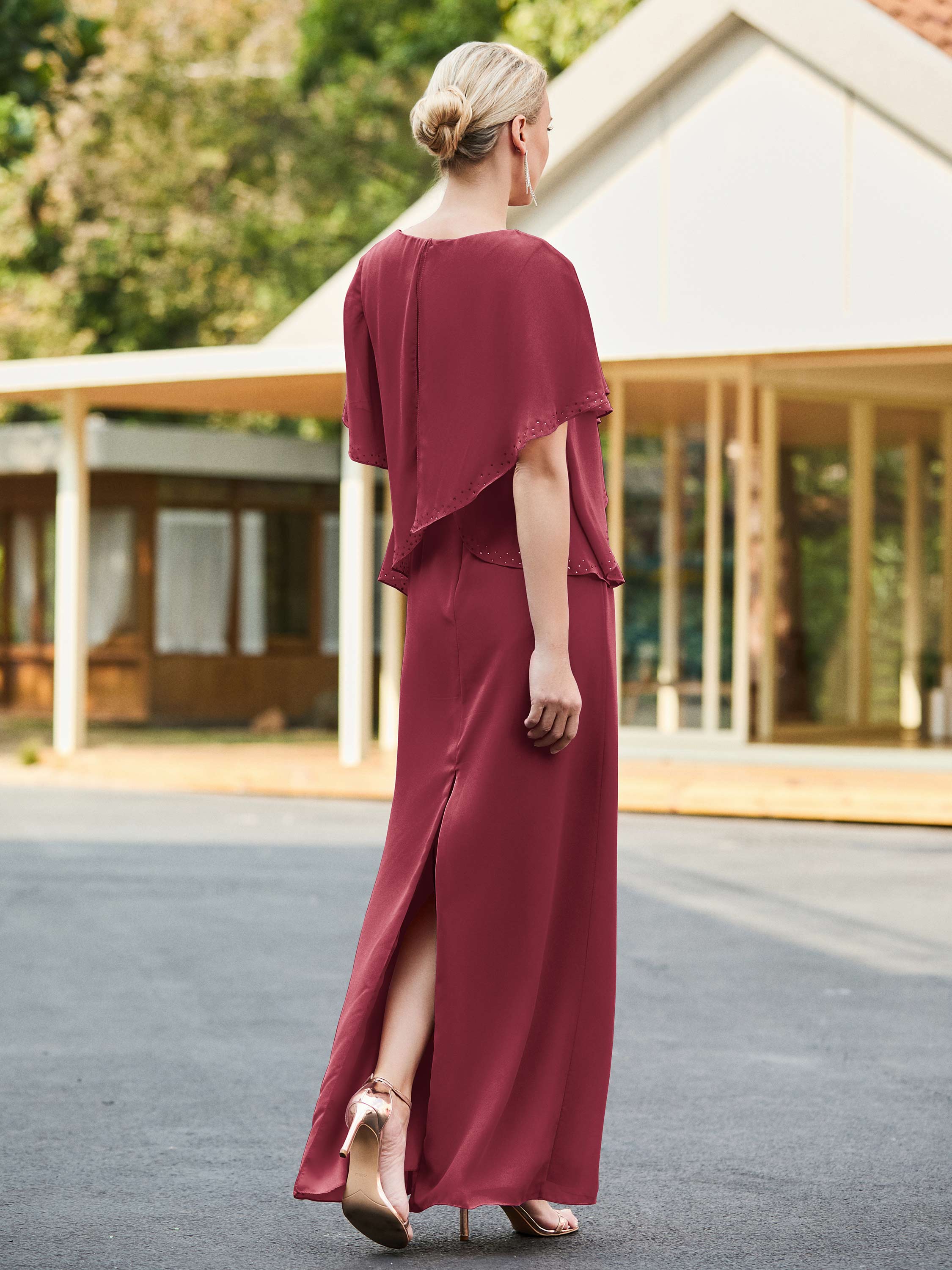 V-neck Sheath Dress with Back Hem Slit Cinnamon Rose - Image 2