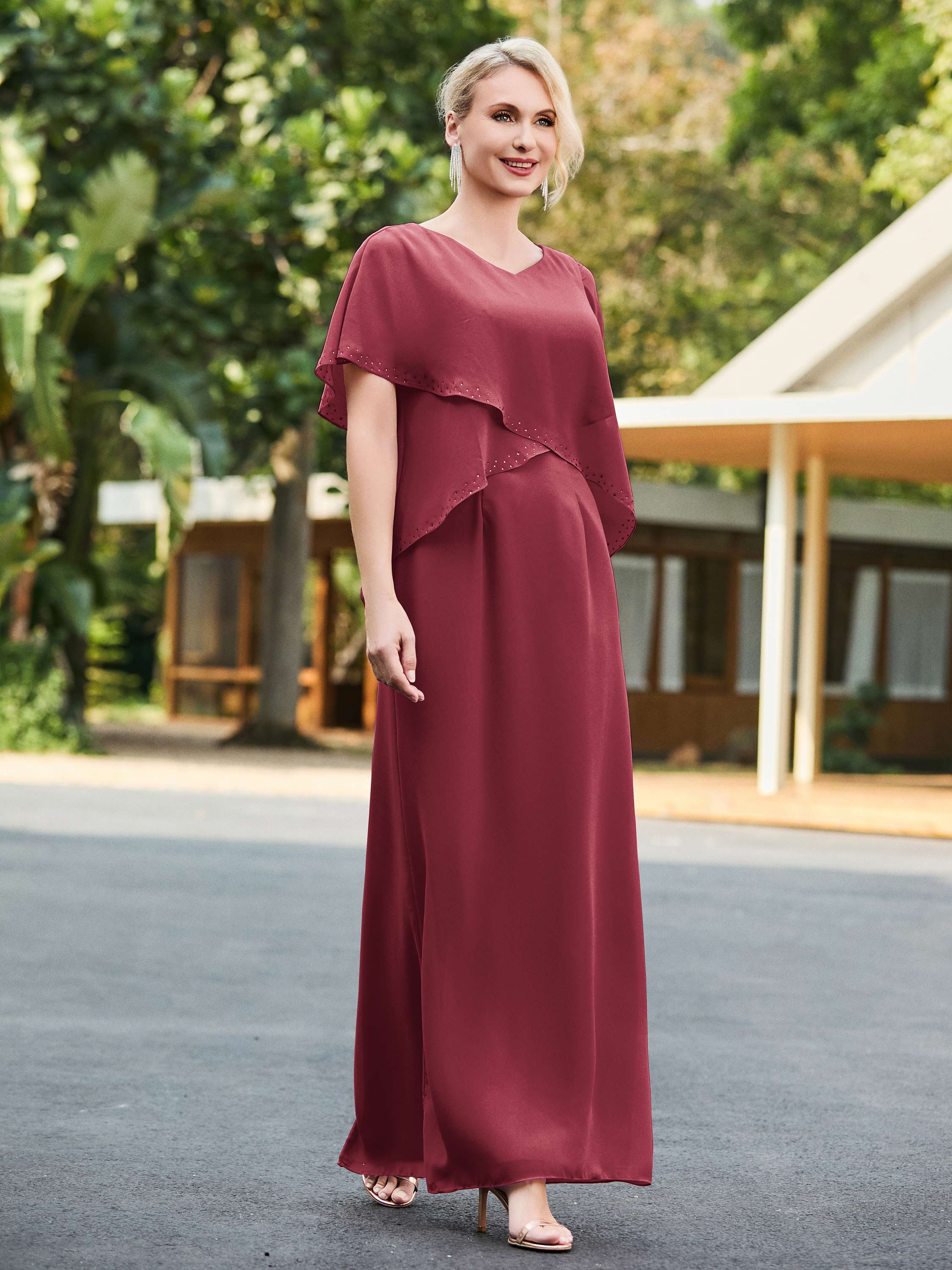 V-neck Sheath Dress with Back Hem Slit Cinnamon Rose - Image 3