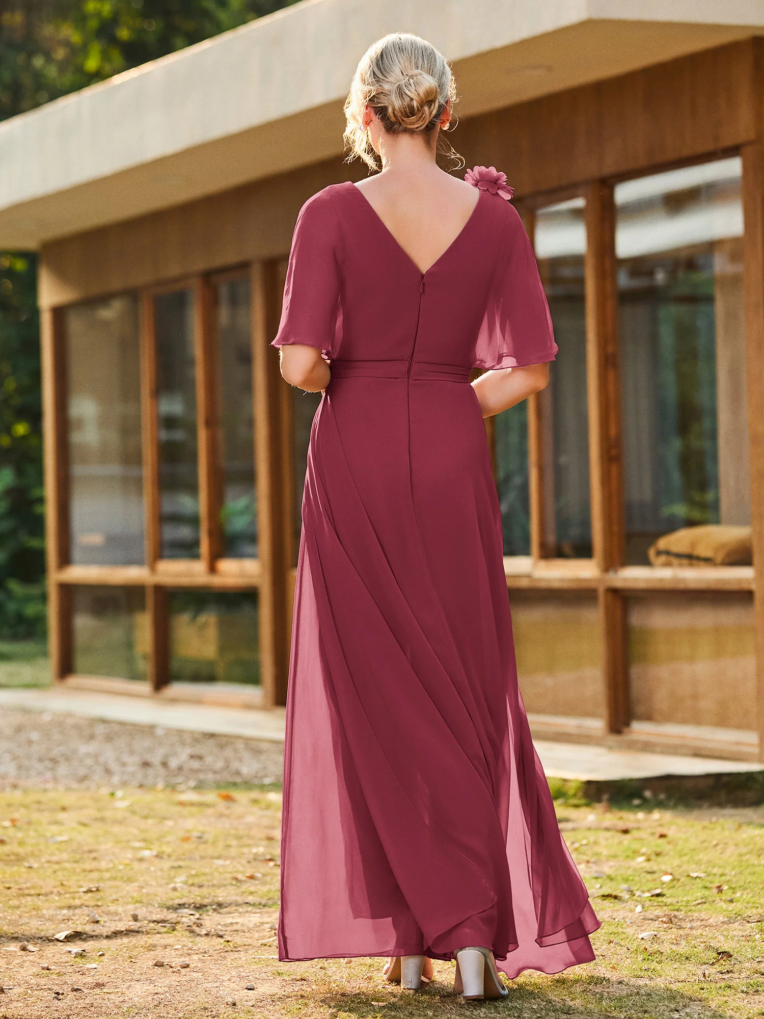 V-neck Short Sleeve Floral Applique Chiffon Jumpsuit Cinnamon Rose - Image 2