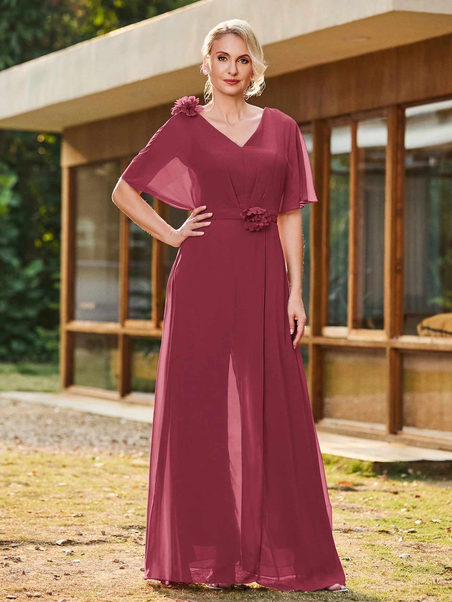 V-neck Short Sleeve Floral Applique Chiffon Jumpsuit Cinnamon Rose - Image 3