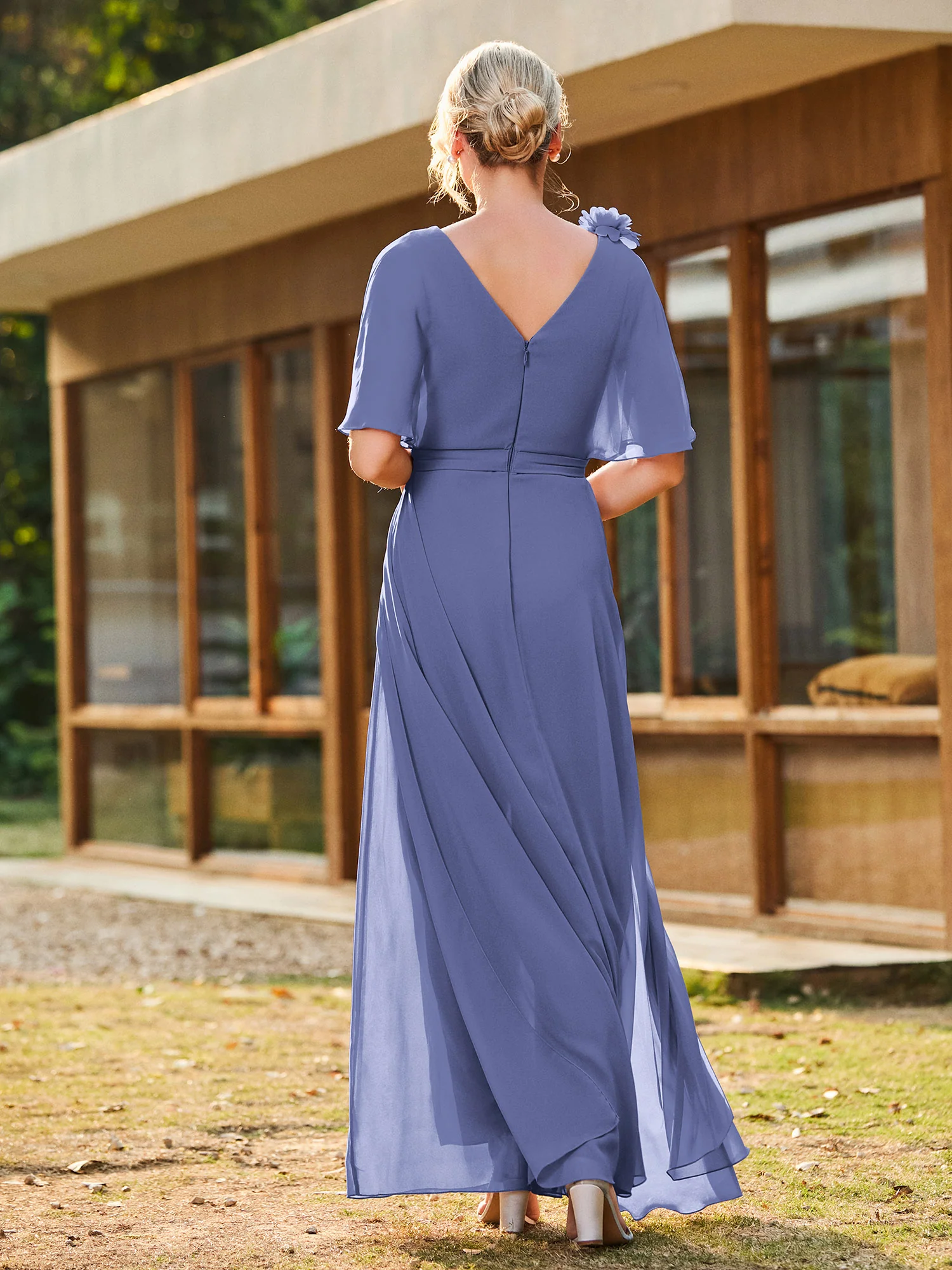V-neck Short Sleeve Floral Applique Chiffon Jumpsuit Periwinkle - Image 2