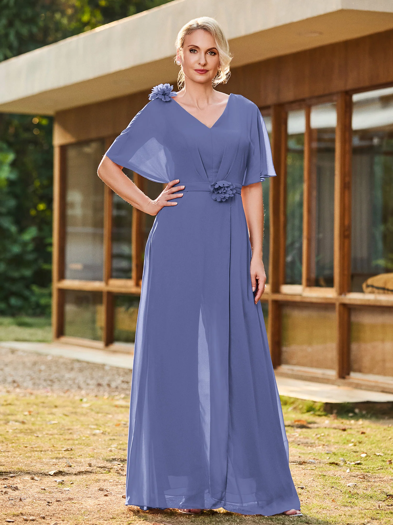 V-neck Short Sleeve Floral Applique Chiffon Jumpsuit Periwinkle - Image 3
