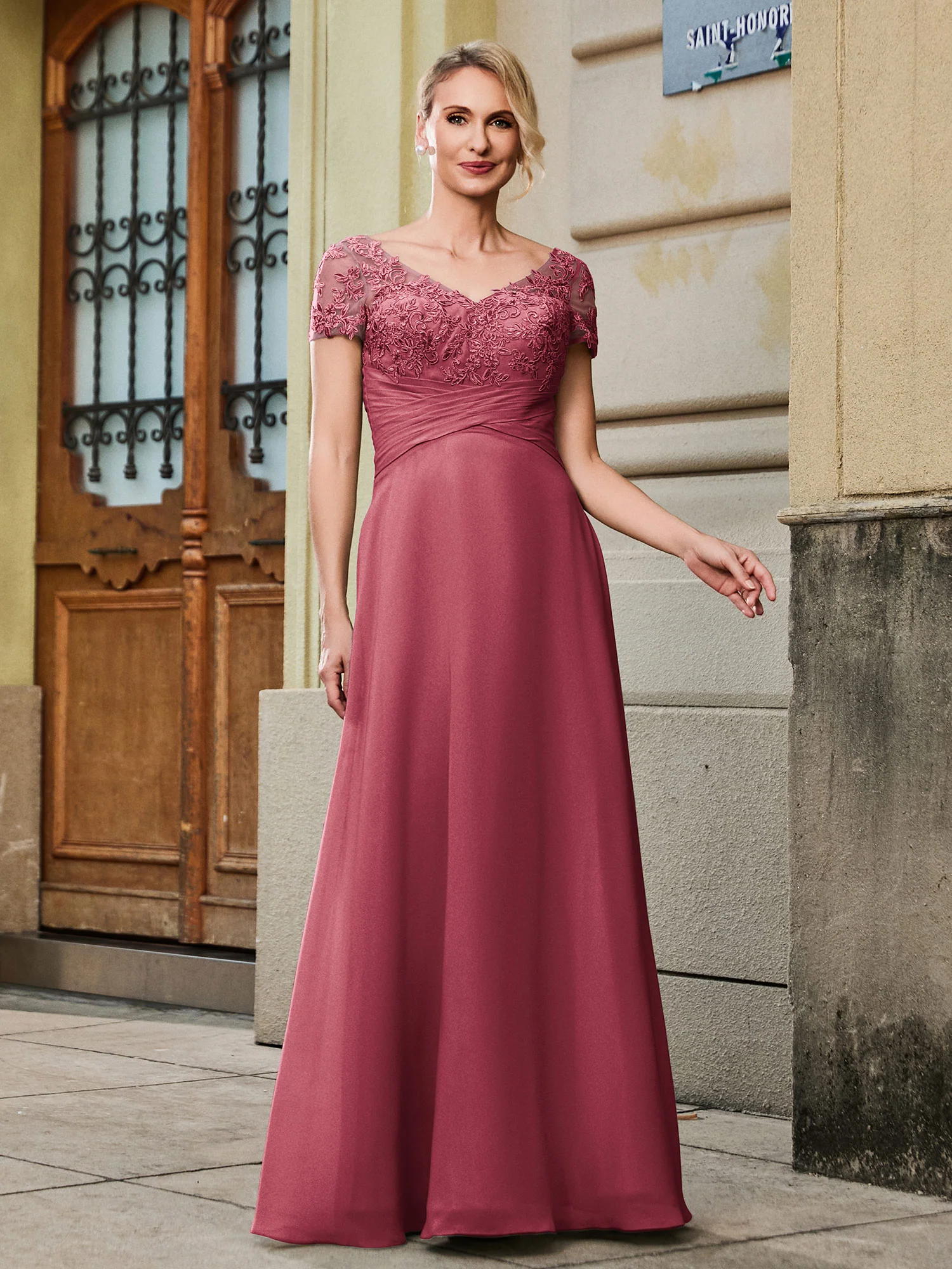 V-neck Short Sleeve Lace Pleated Empire Long Gown Cinnamon Rose