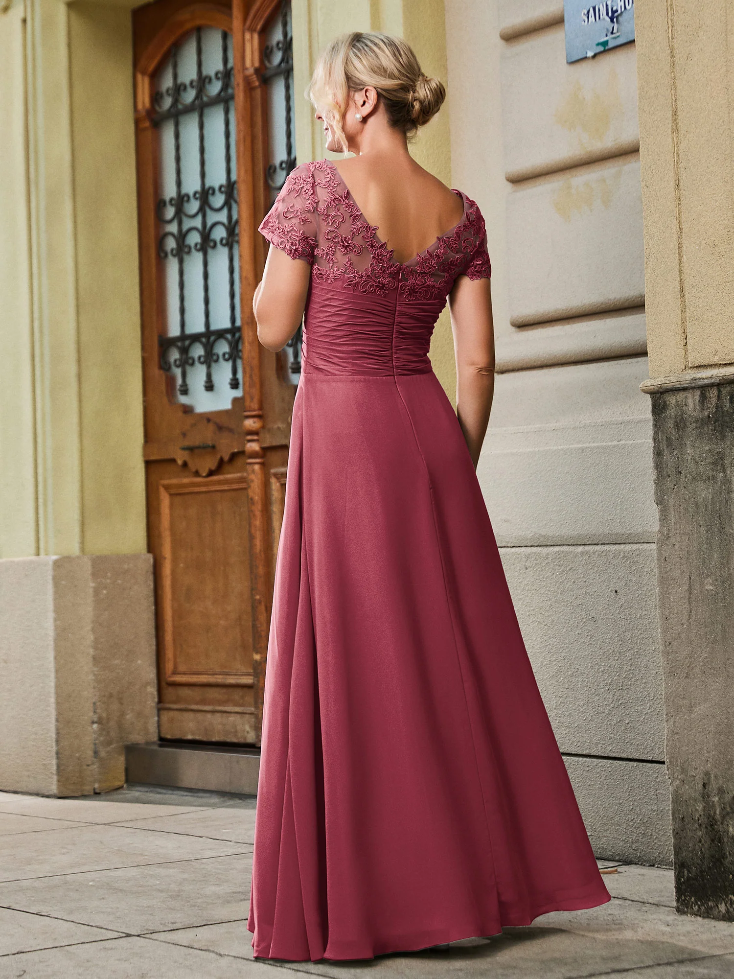 V-neck Short Sleeve Lace Pleated Empire Long Gown Cinnamon Rose - Image 2
