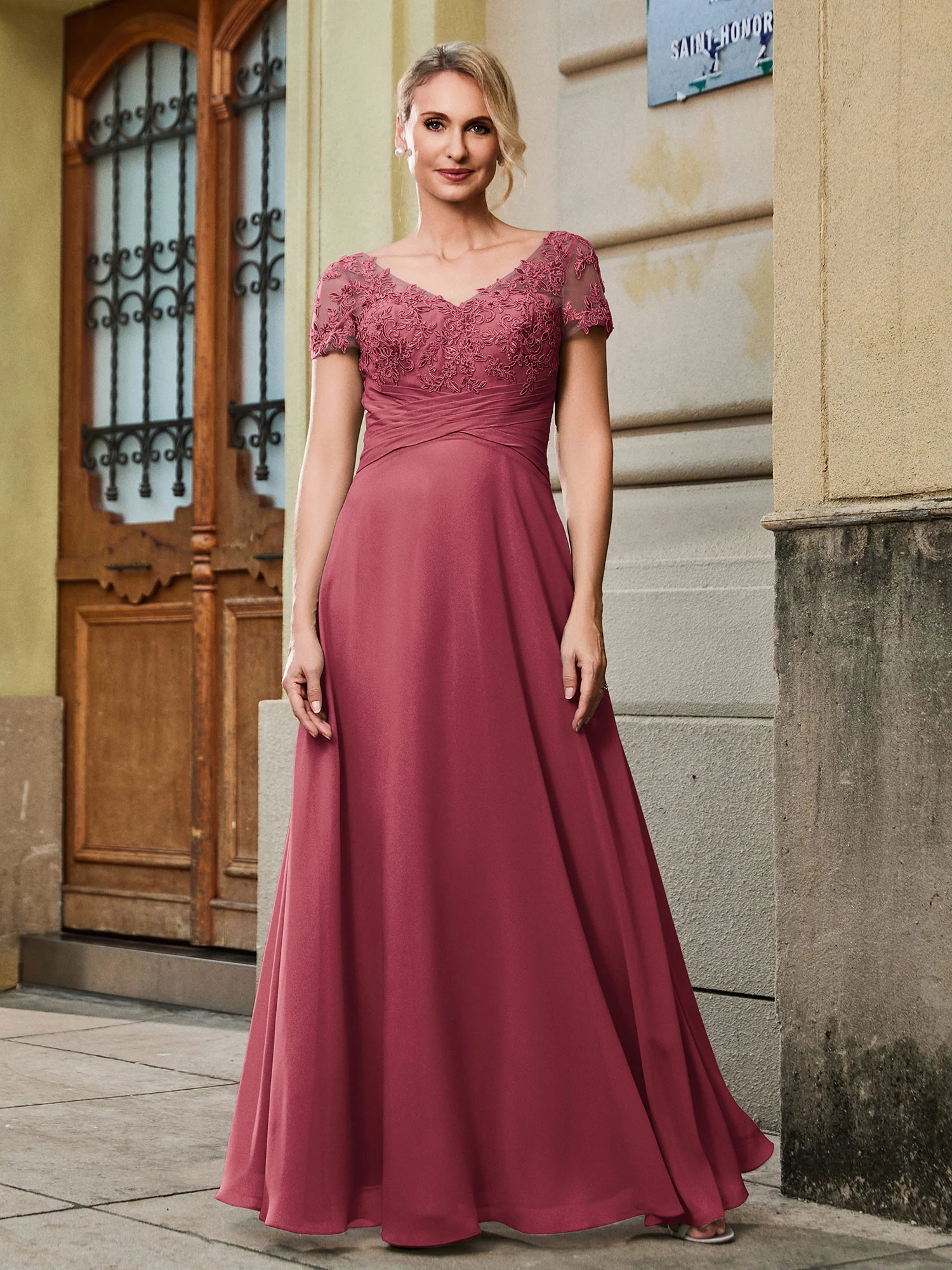 V-neck Short Sleeve Lace Pleated Empire Long Gown Cinnamon Rose - Image 3
