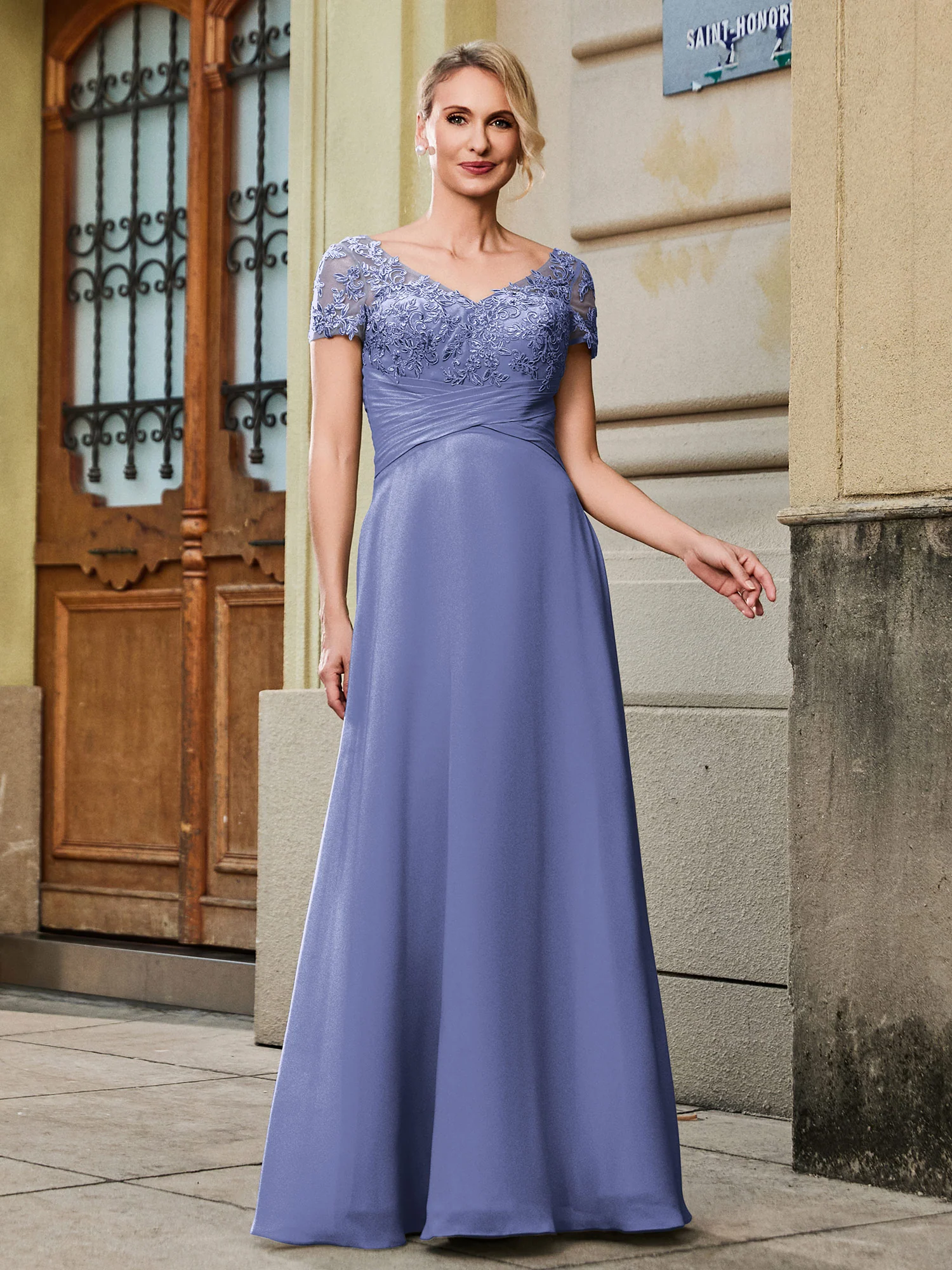 V-neck Short Sleeve Lace Pleated Empire Long Gown Periwinkle