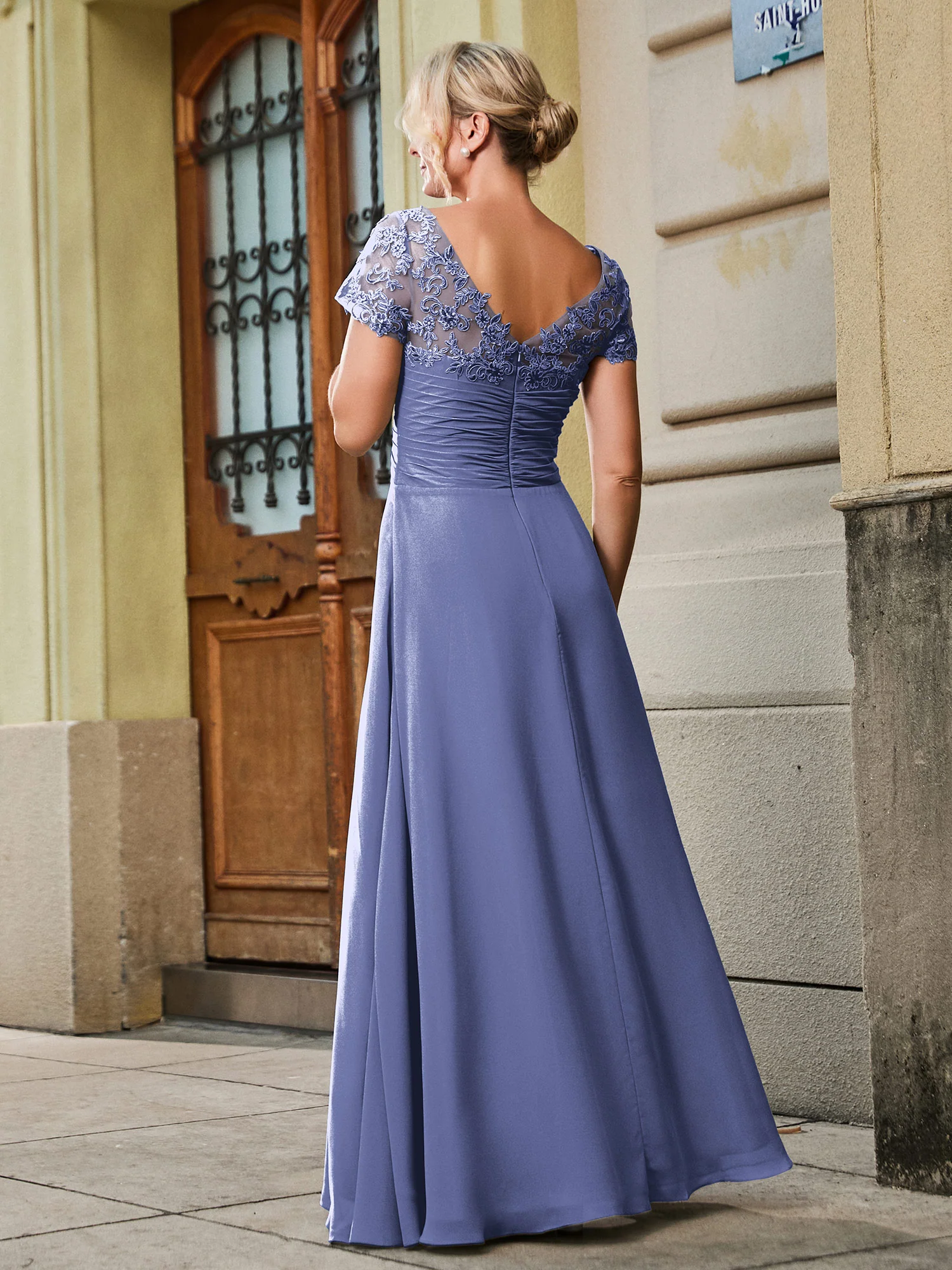 V-neck Short Sleeve Lace Pleated Empire Long Gown Periwinkle - Image 2