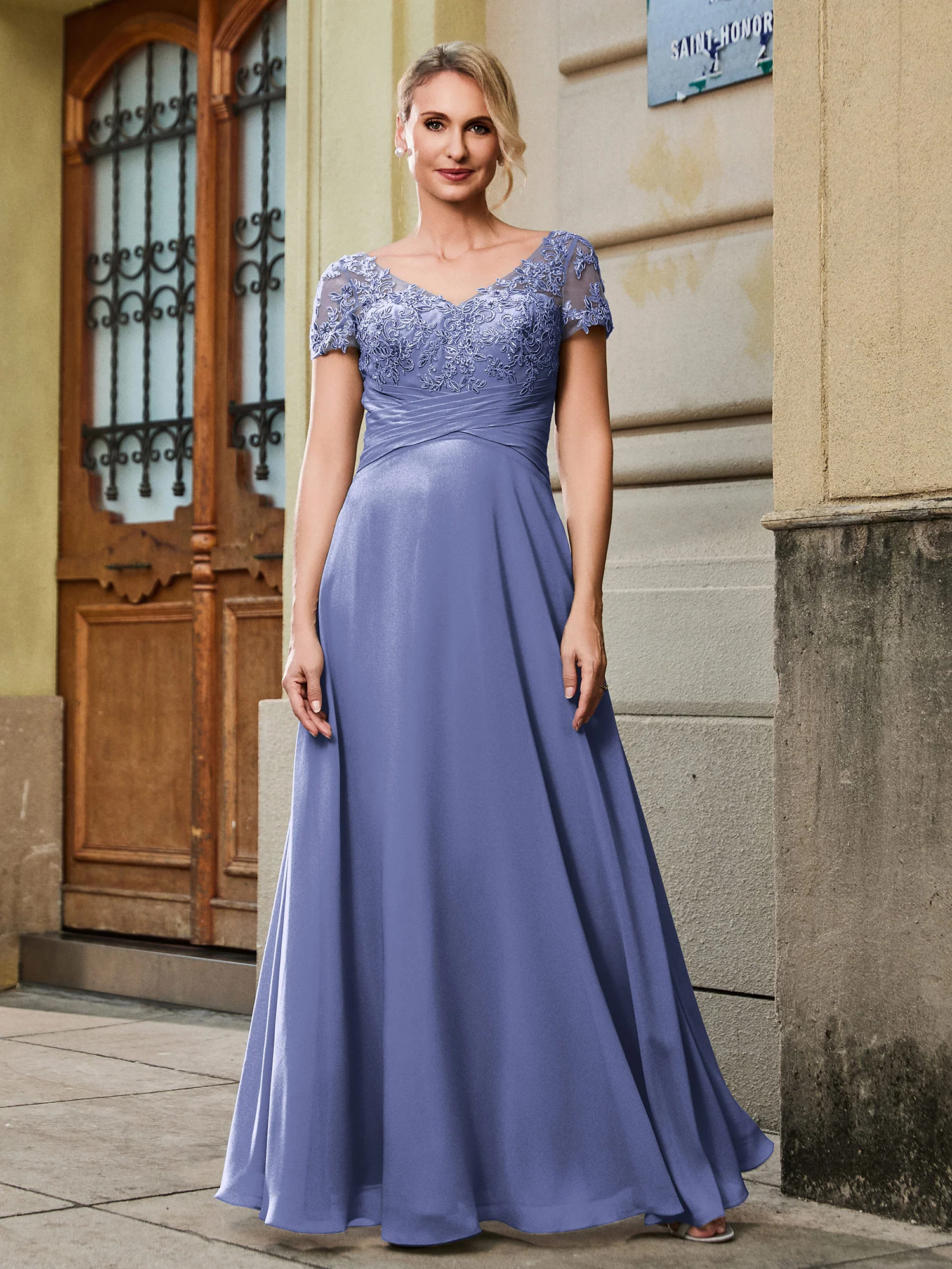 V-neck Short Sleeve Lace Pleated Empire Long Gown Periwinkle - Image 3